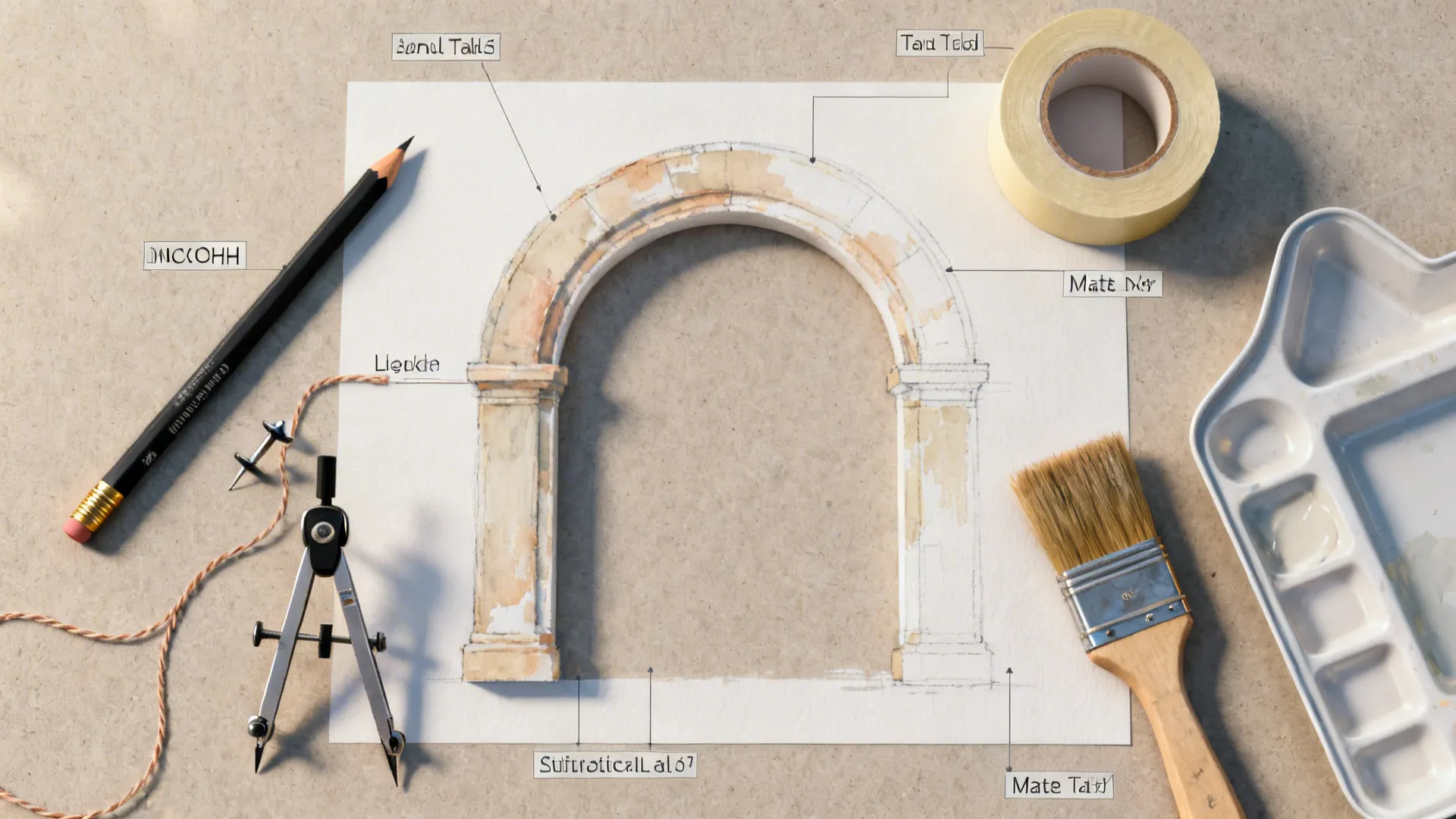 Top-down flat lay of tools for painting an arch: pencil, string compass, low-tack tape, and brush.