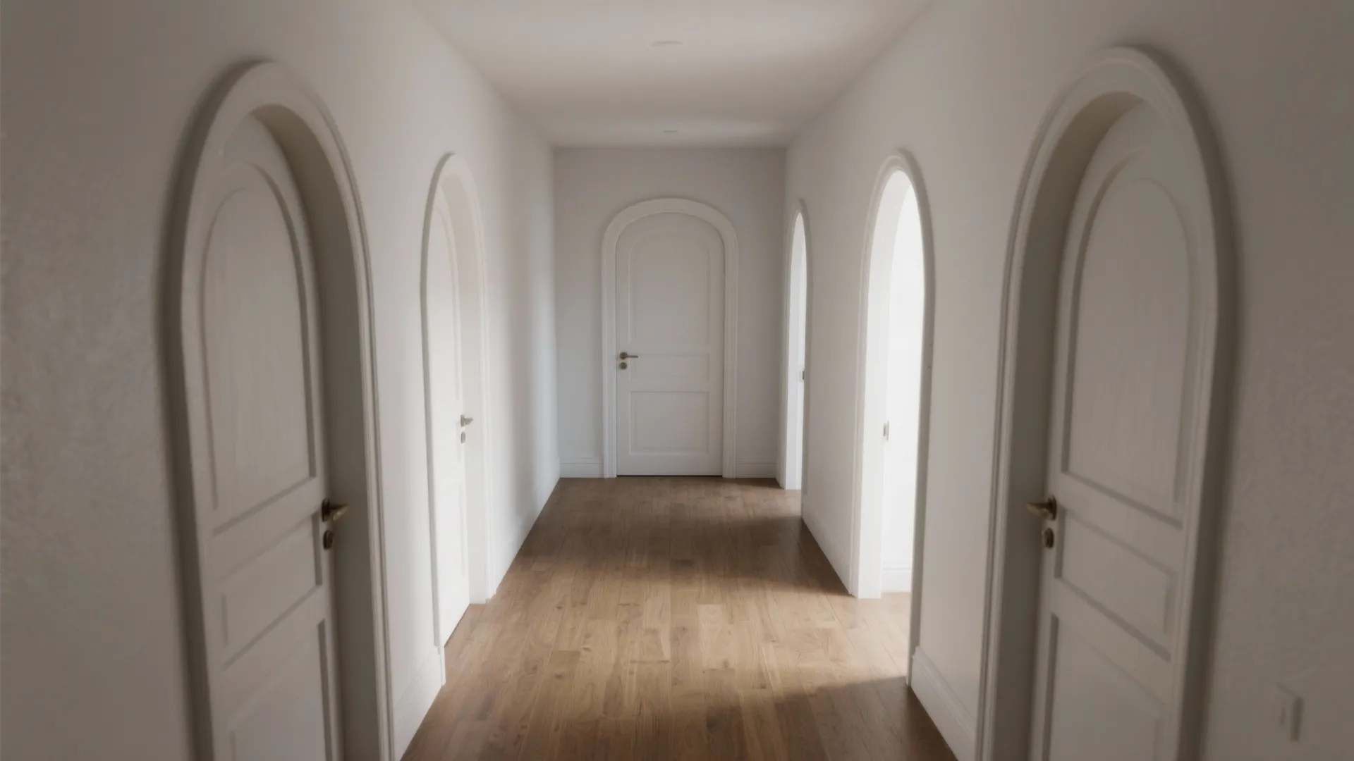 Interior design drawing of a white hallway with arched doors and a dark wooden floor
