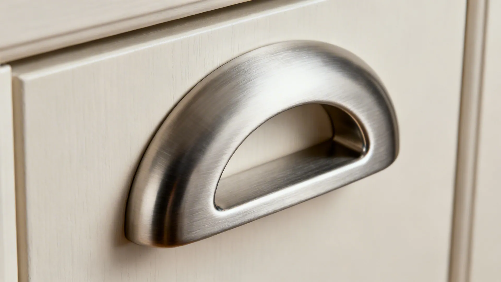 Close-up of a brushed stainless arch pull with rounded edges and generous finger clearance.