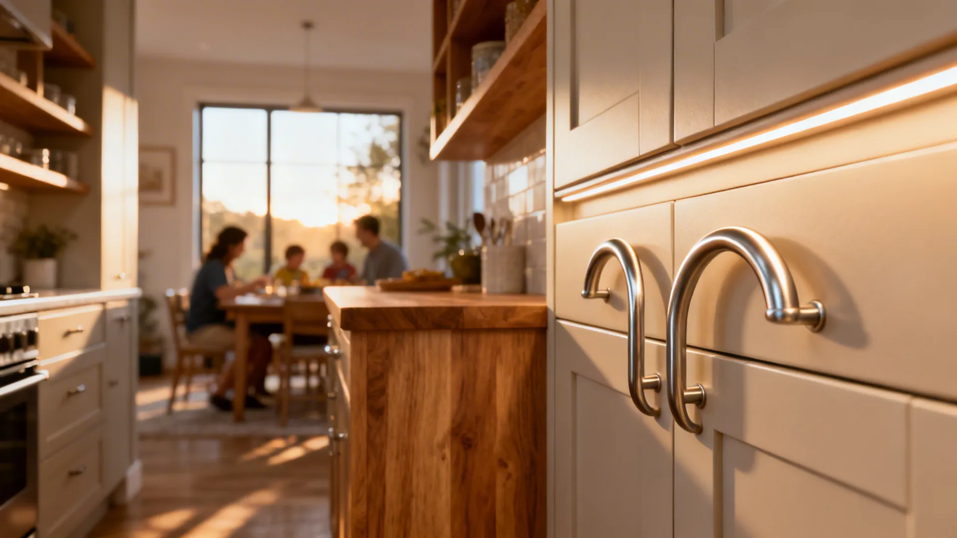 Compact kitchen with brushed stainless arch pulls creating a softer ergonomic look.