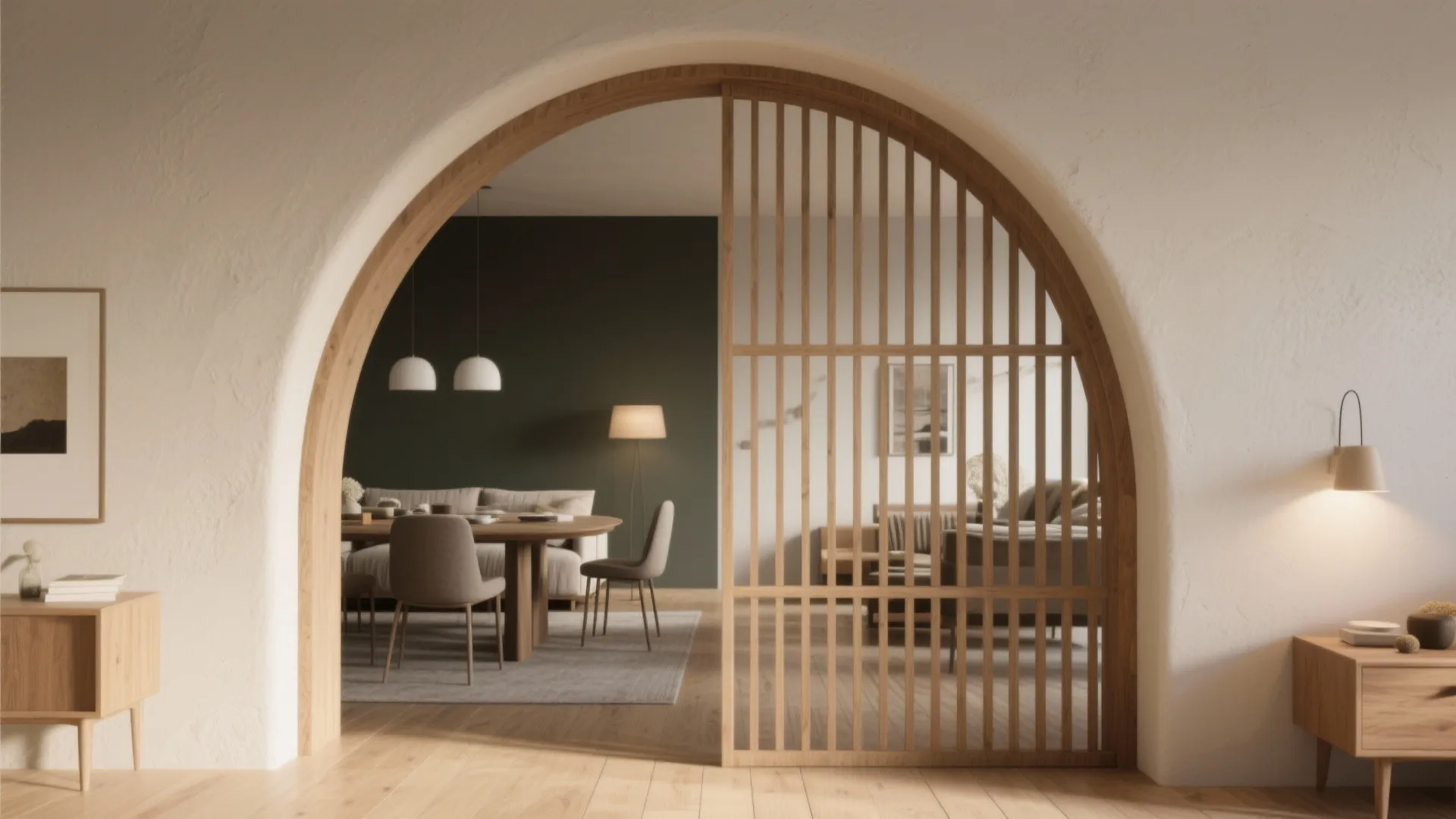 Arched doorway with wood slat screen looking into a modern dining room and living area