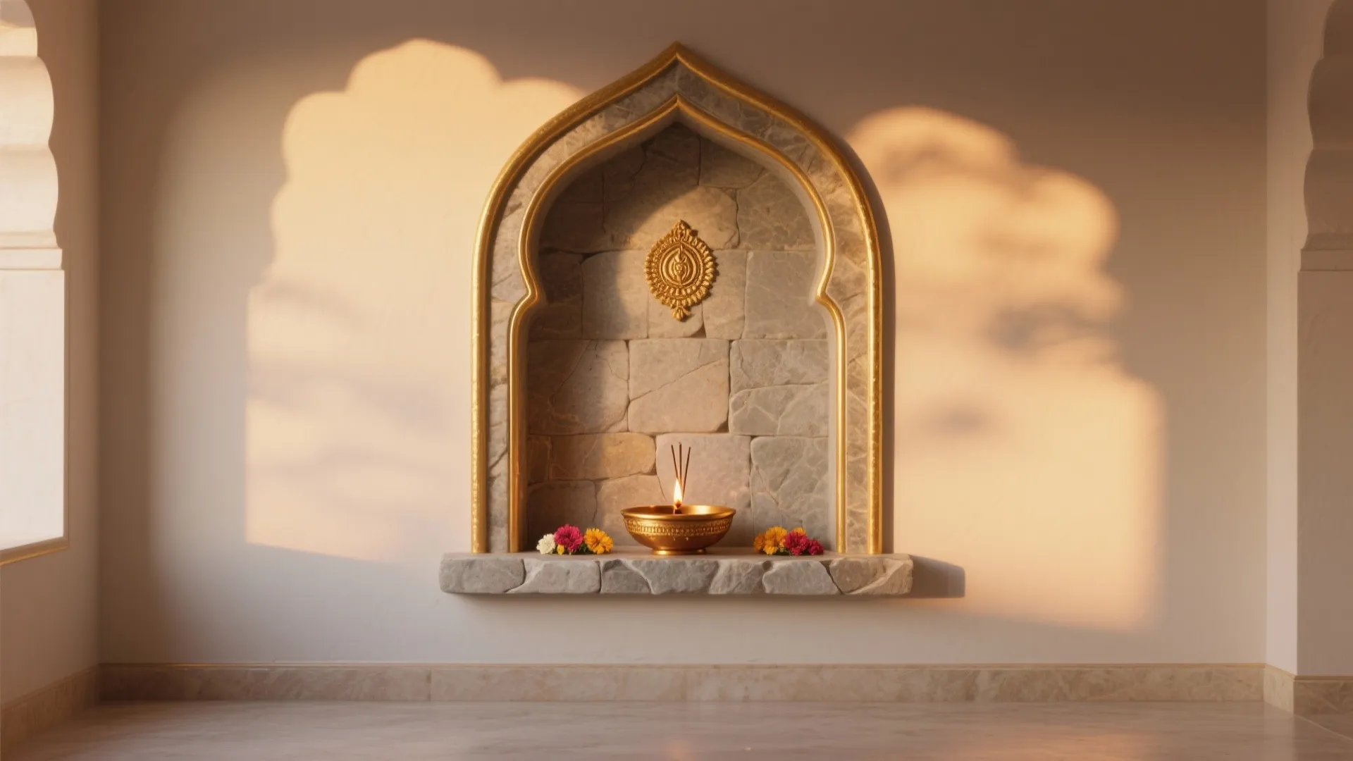 Arched Niche with Stone Backdrop and Brass Accents