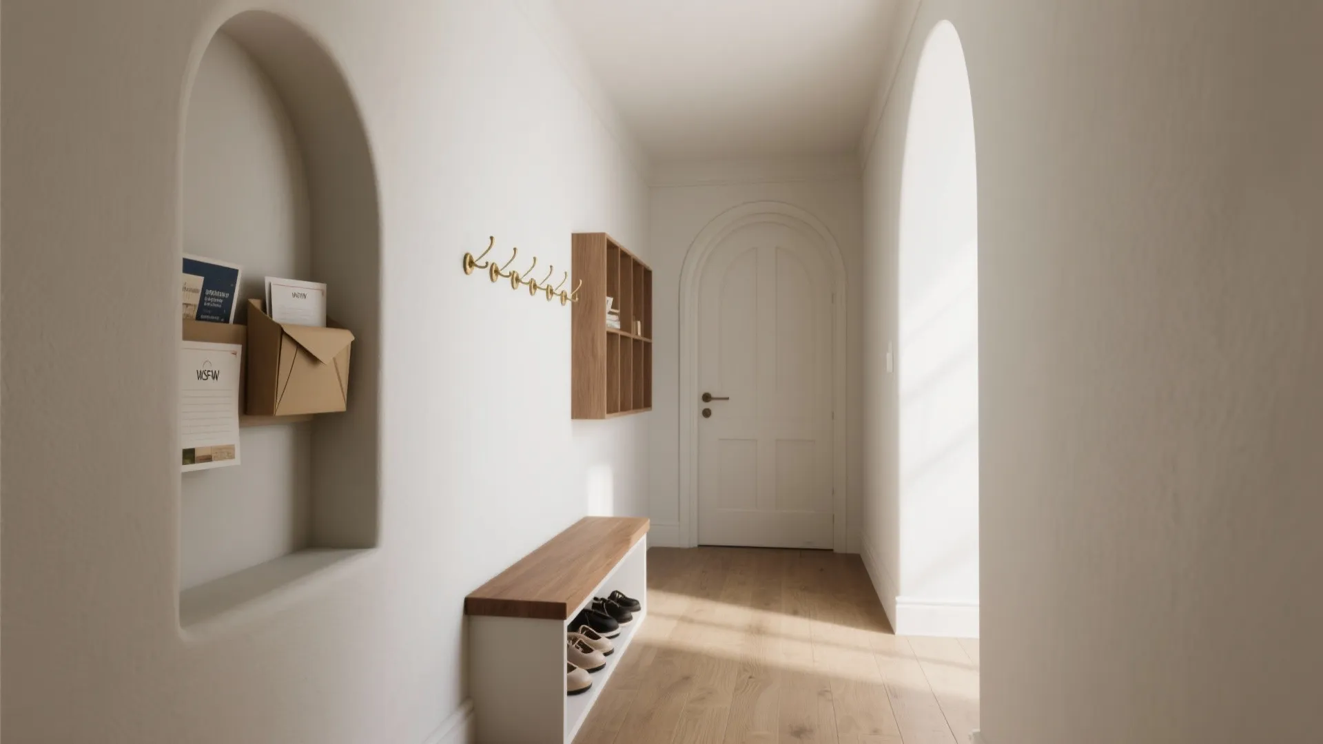 Minimalist white entryway featuring a wooden bench with shoes and arched wall shelf for storage