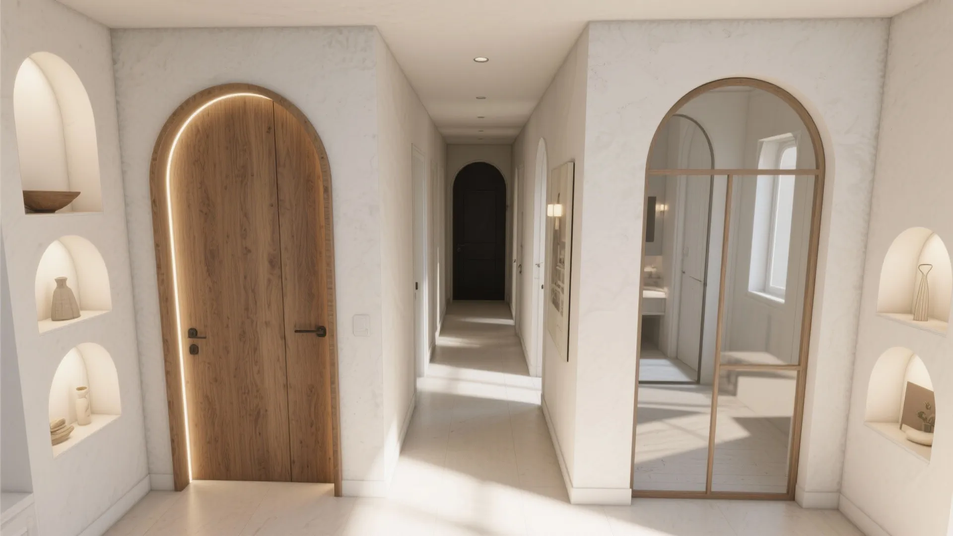 Modern white hallway featuring arched wooden door and glass partitions with simple wall shelf decorations