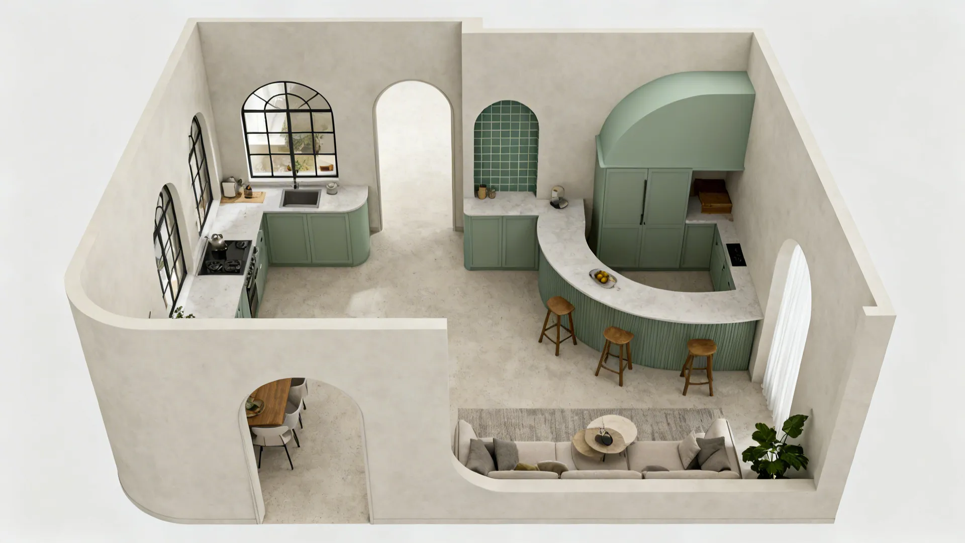 Top-down view of a compact open-plan layout showing arches, a niche, curved island, and a painted hood.