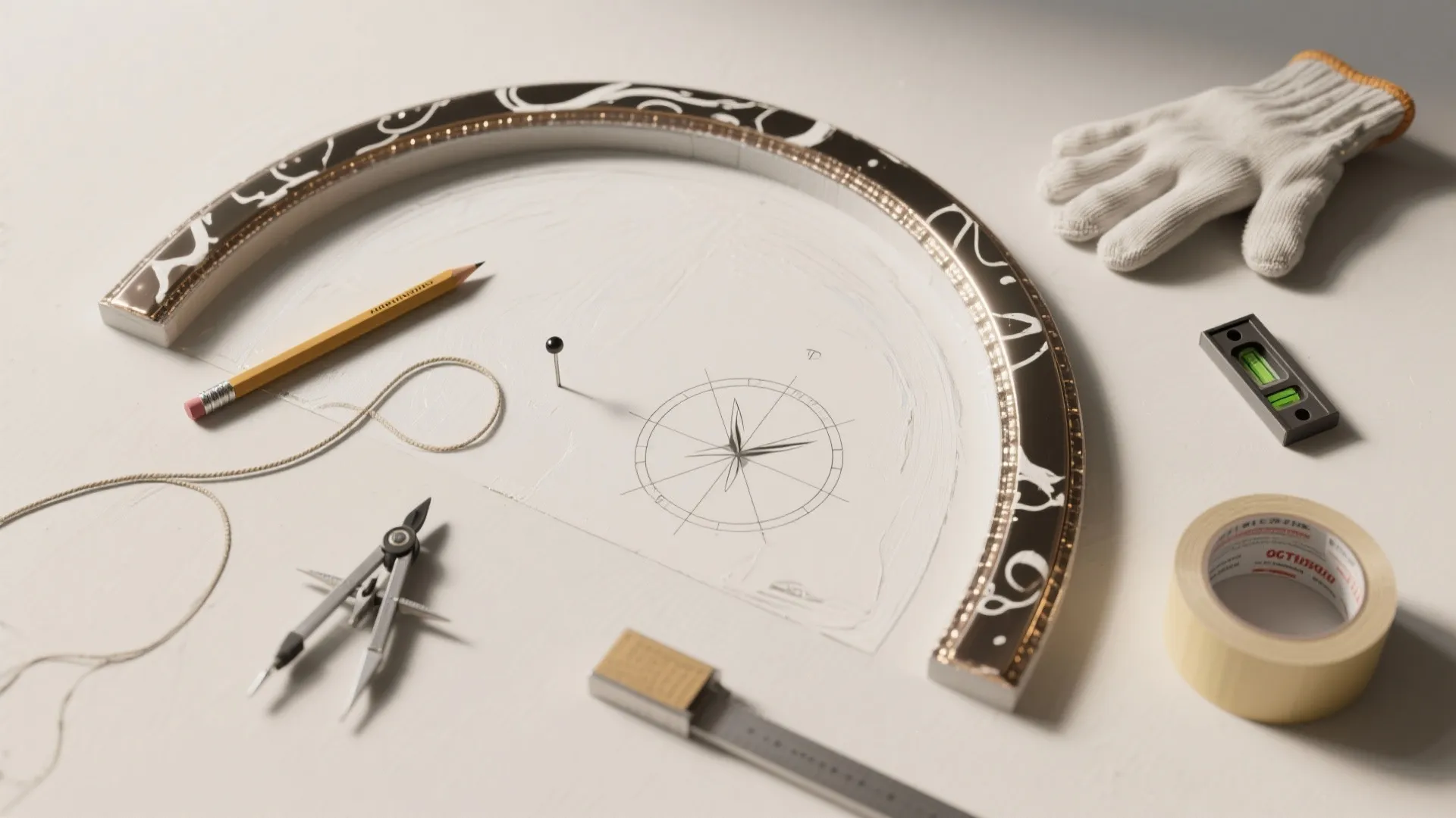 Architectural drawing tools with pencil compass level tape and white glove on a white workspace