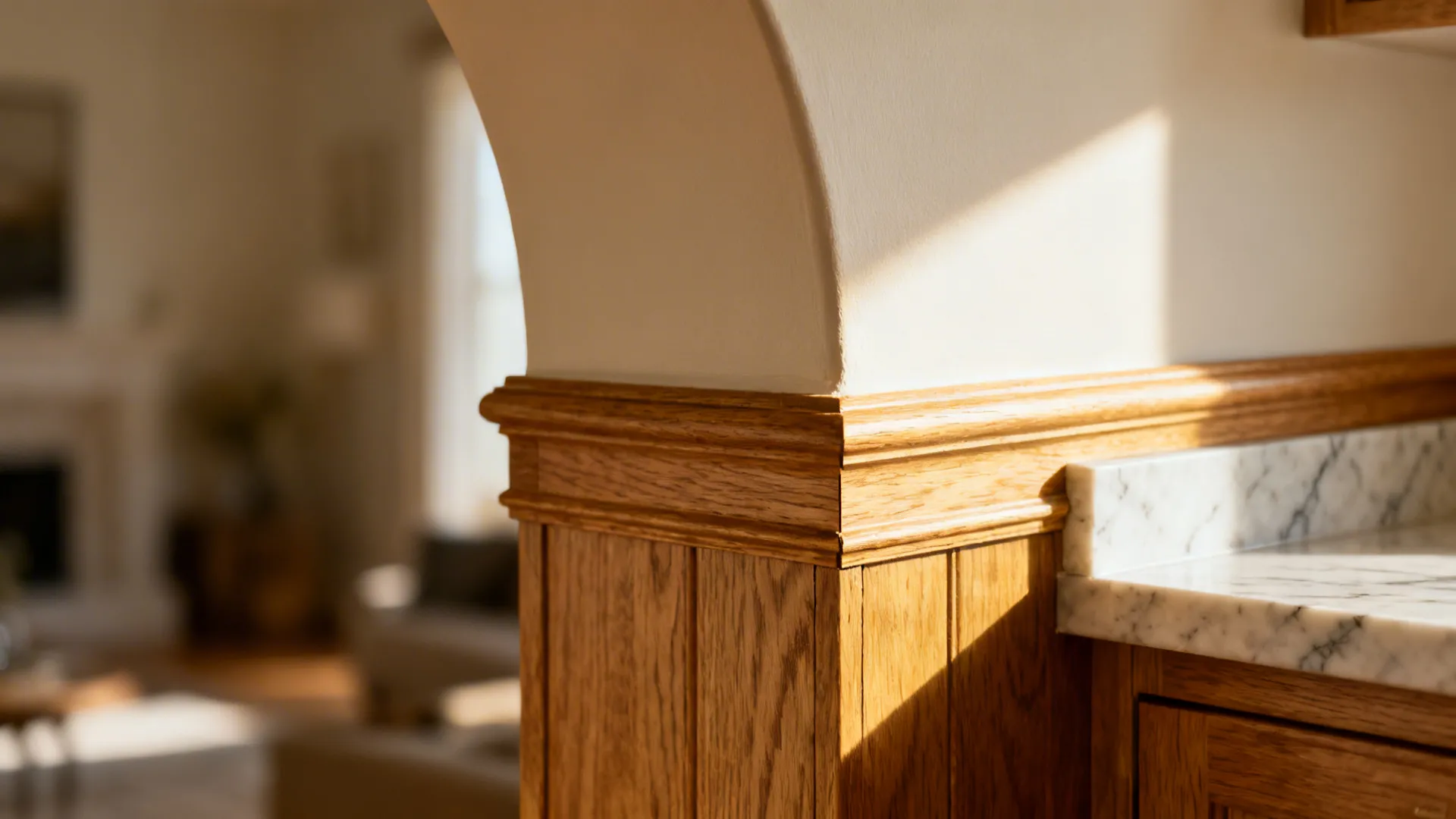 Close-up of oak trim on a curved arch between the kitchen and living room