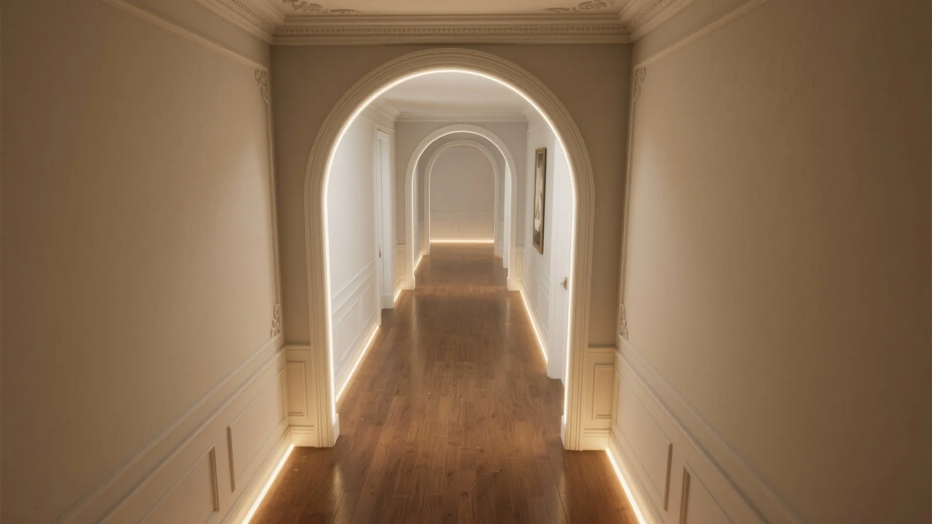 Long narrow hallway with dark wood flooring white wall panels and light fixtures on arches