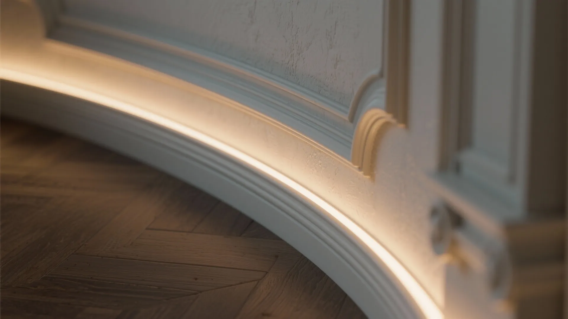 Close up of curved wall panel with warm light strip along the dark wood floor