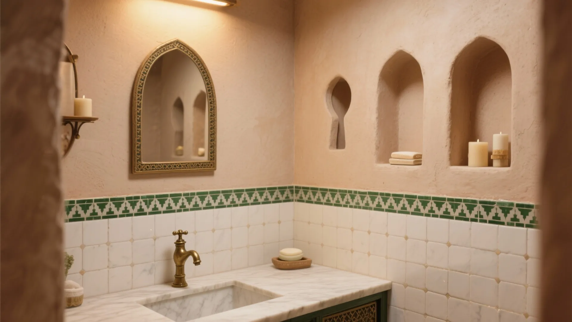 3) Keyhole arches and tiled niches for storage