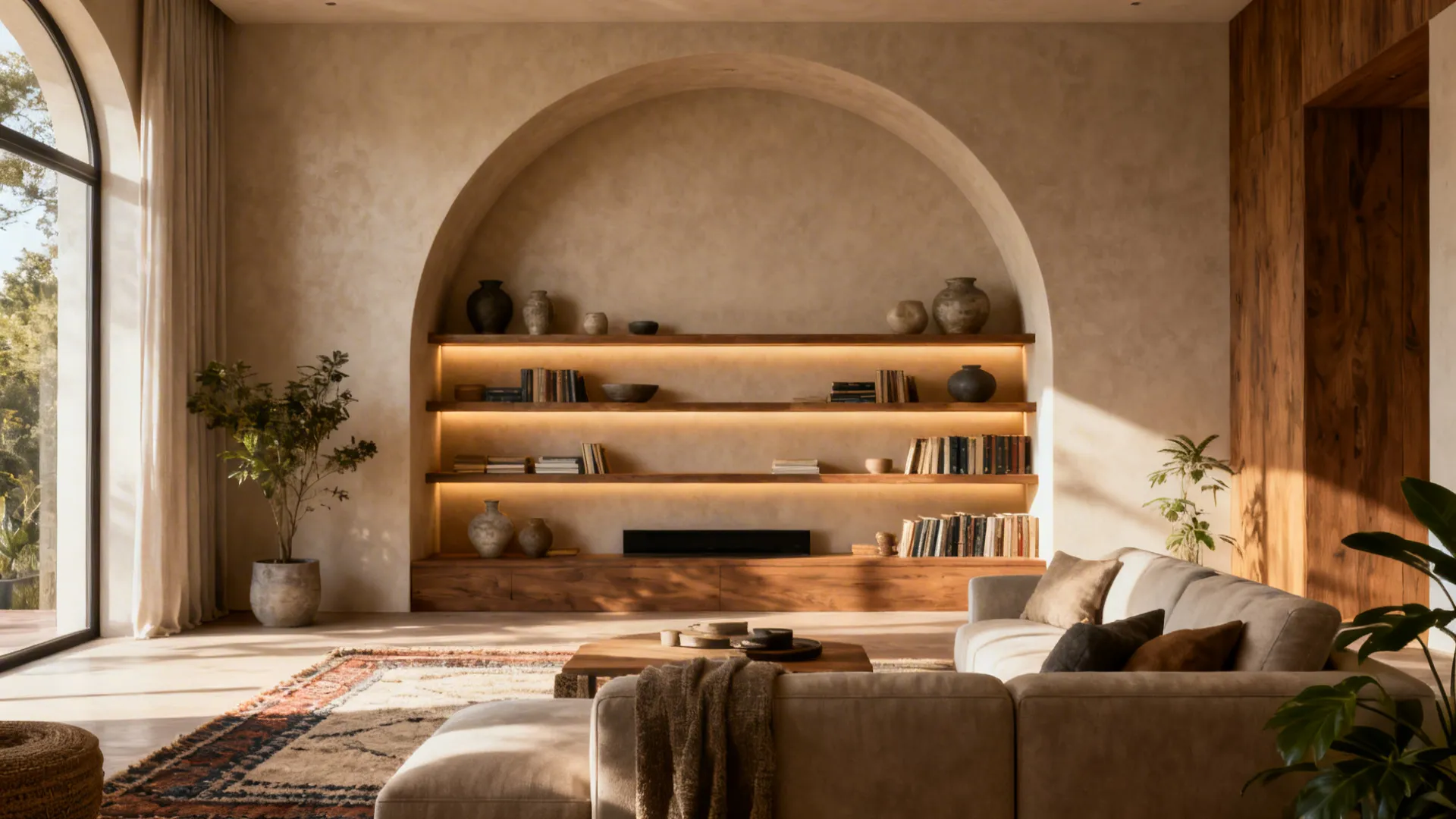Modern living room with large arched wall shelf, wooden cabinet, beige sofa, and natural window light