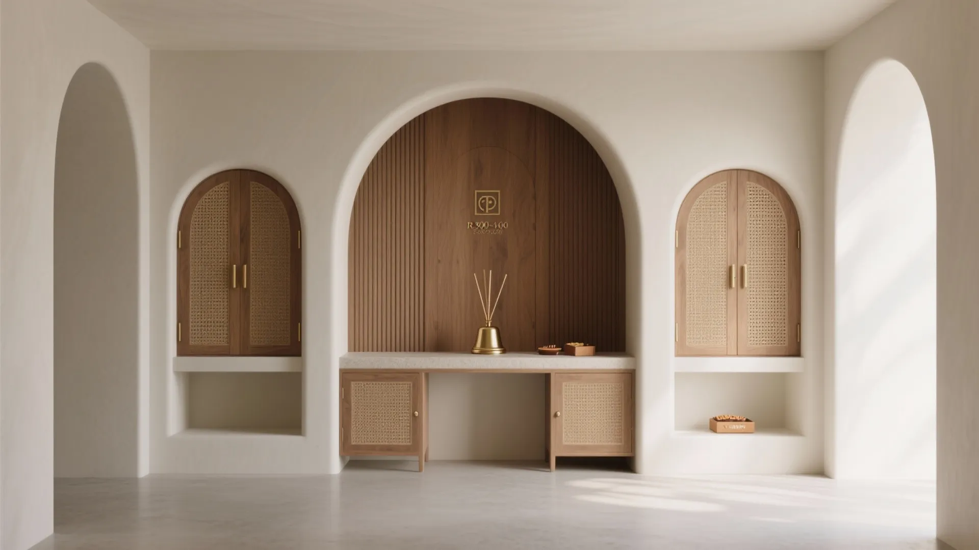 Modern beige wall with three arches featuring wood panels rattan cabinets and a small desk