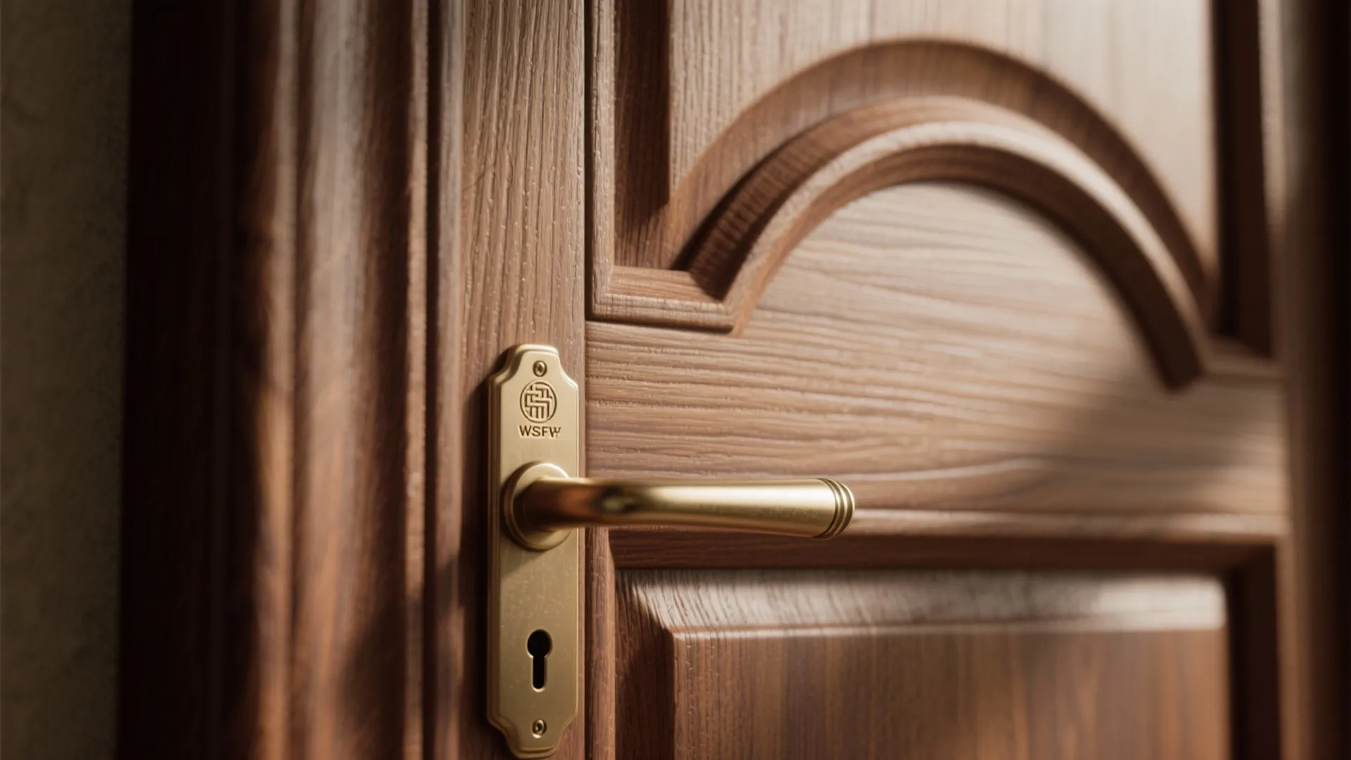 Close up of a gold handle on a brown wooden door with a curved panel