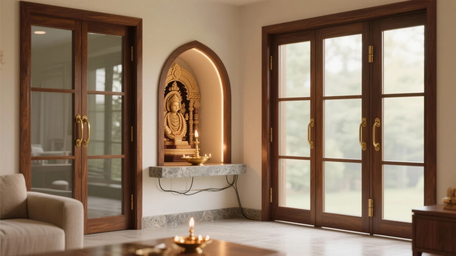 Hinged Wood-Framed Glass Doors with Soft Arches
