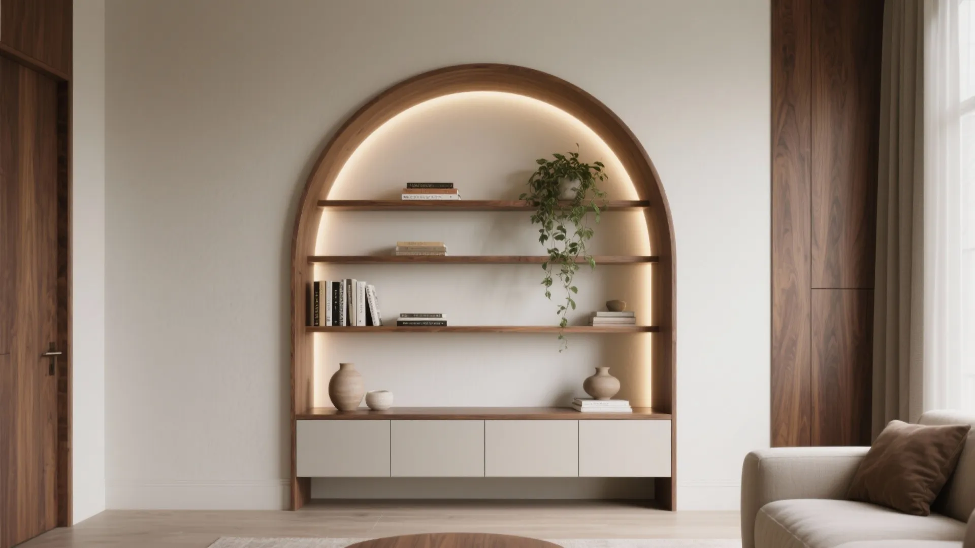 2) Arched Alcove Shelving with Integrated Lighting