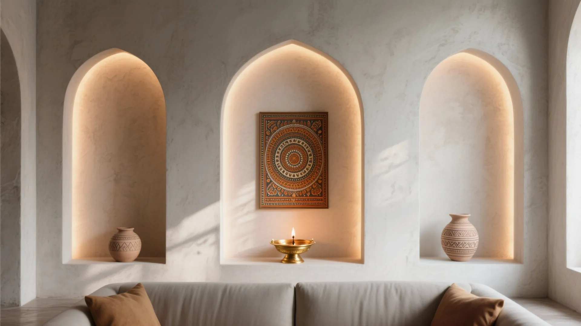 Three lit wall arches with traditional pottery a gold bowl and art behind a grey sofa