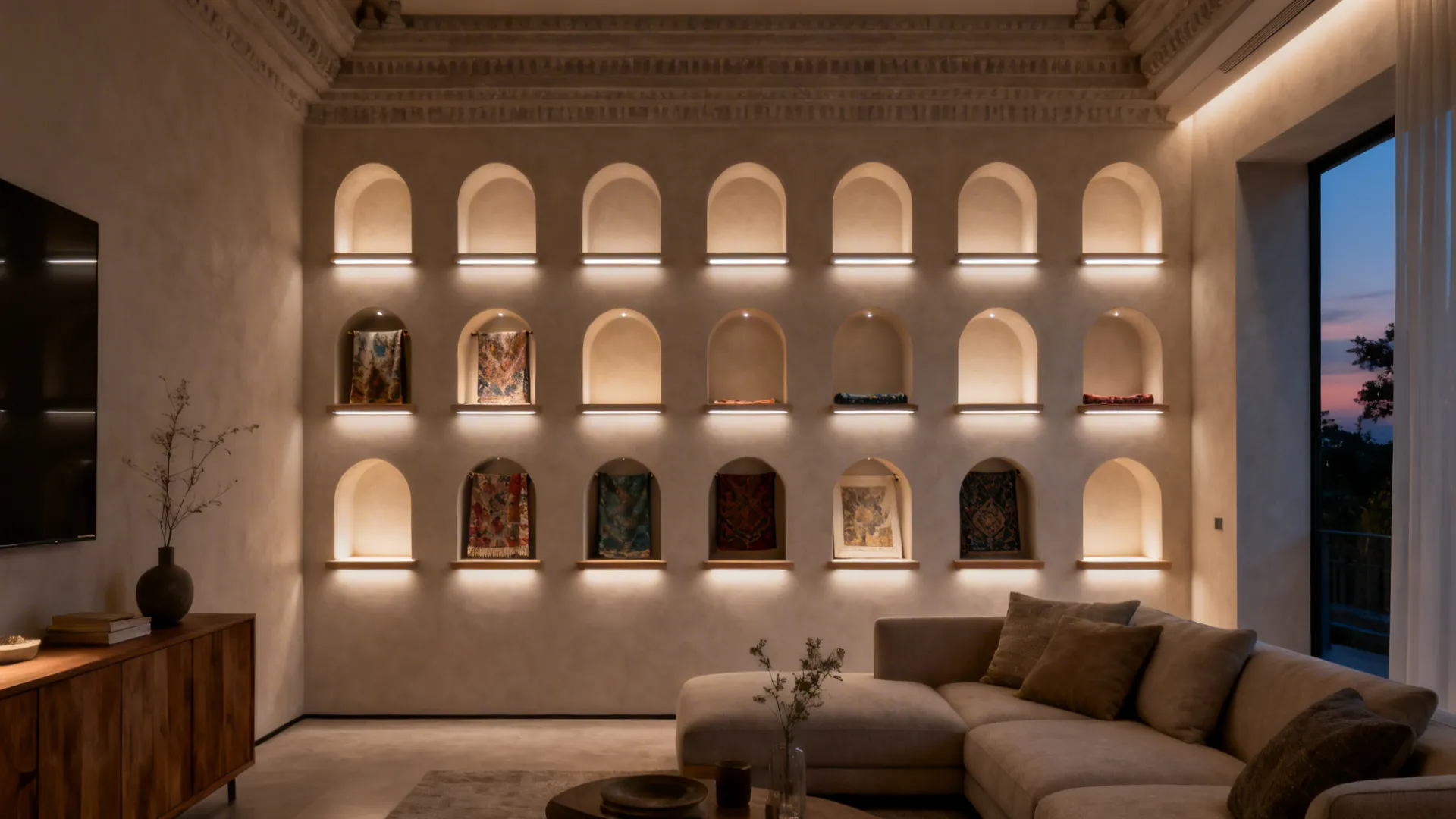 Arched wall alcoves with warm dimmable LED backlighting and a narrow ledge for art in a compact living room.