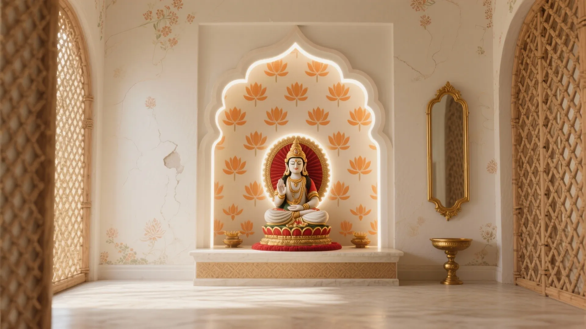 Interior prayer room design with Buddha statue, arched wall niche, orange lotus patterns and mirror