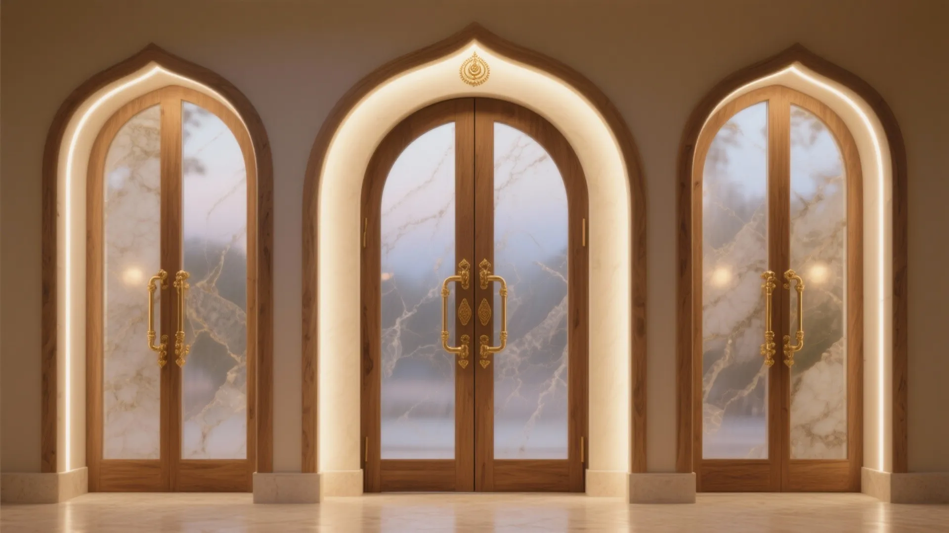Arched double doors with backlit frosted panels creating a gentle glow on the mandir, minimal and sculptural.