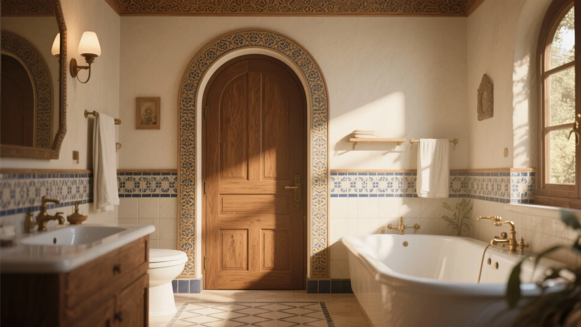 Vintage bathroom featuring arched wooden door, white bathtub, blue patterned tiles, and wall light fixture