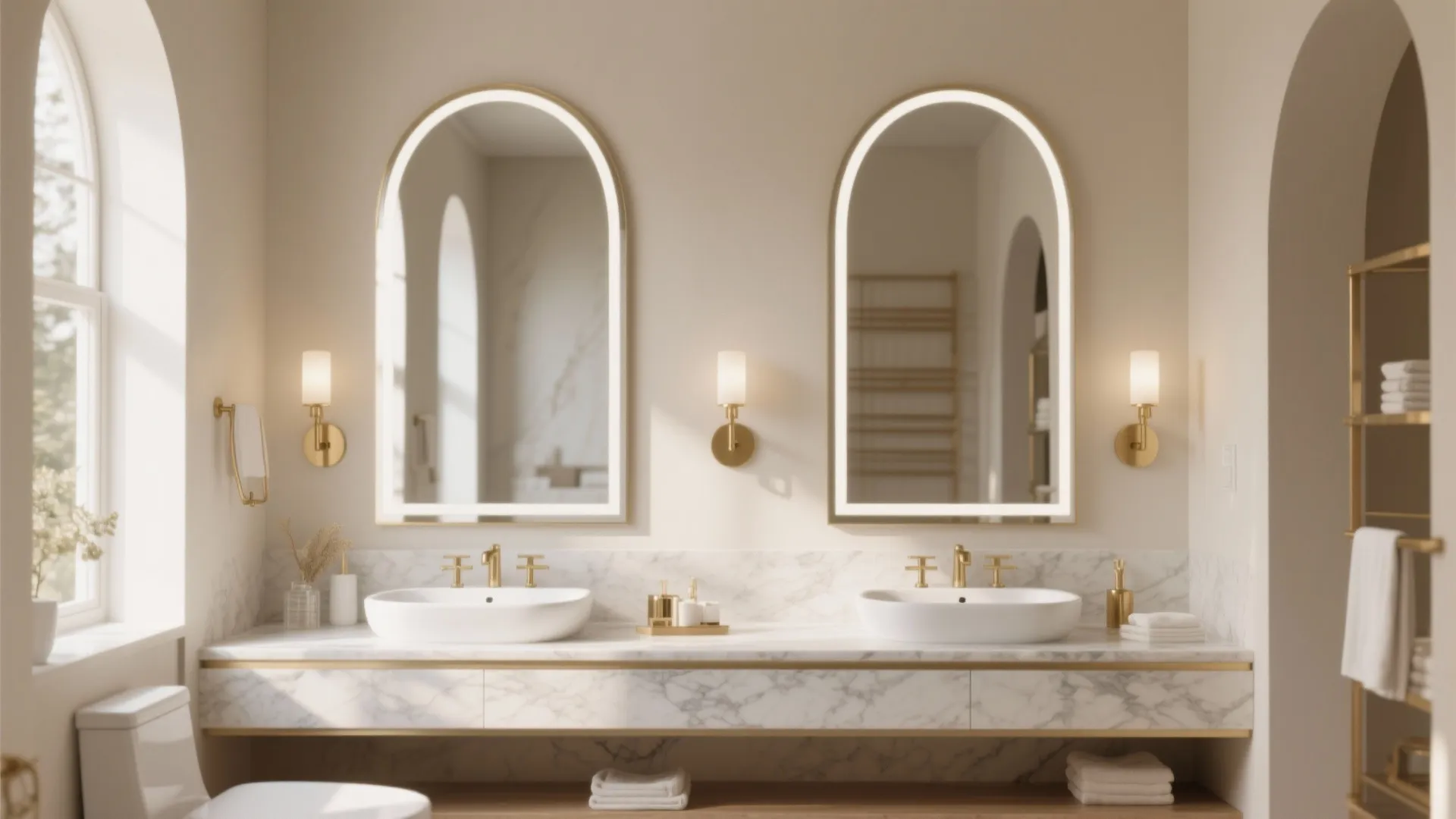 Modern bathroom with two arched lighted mirrors over white sinks and marble counter with gold faucets