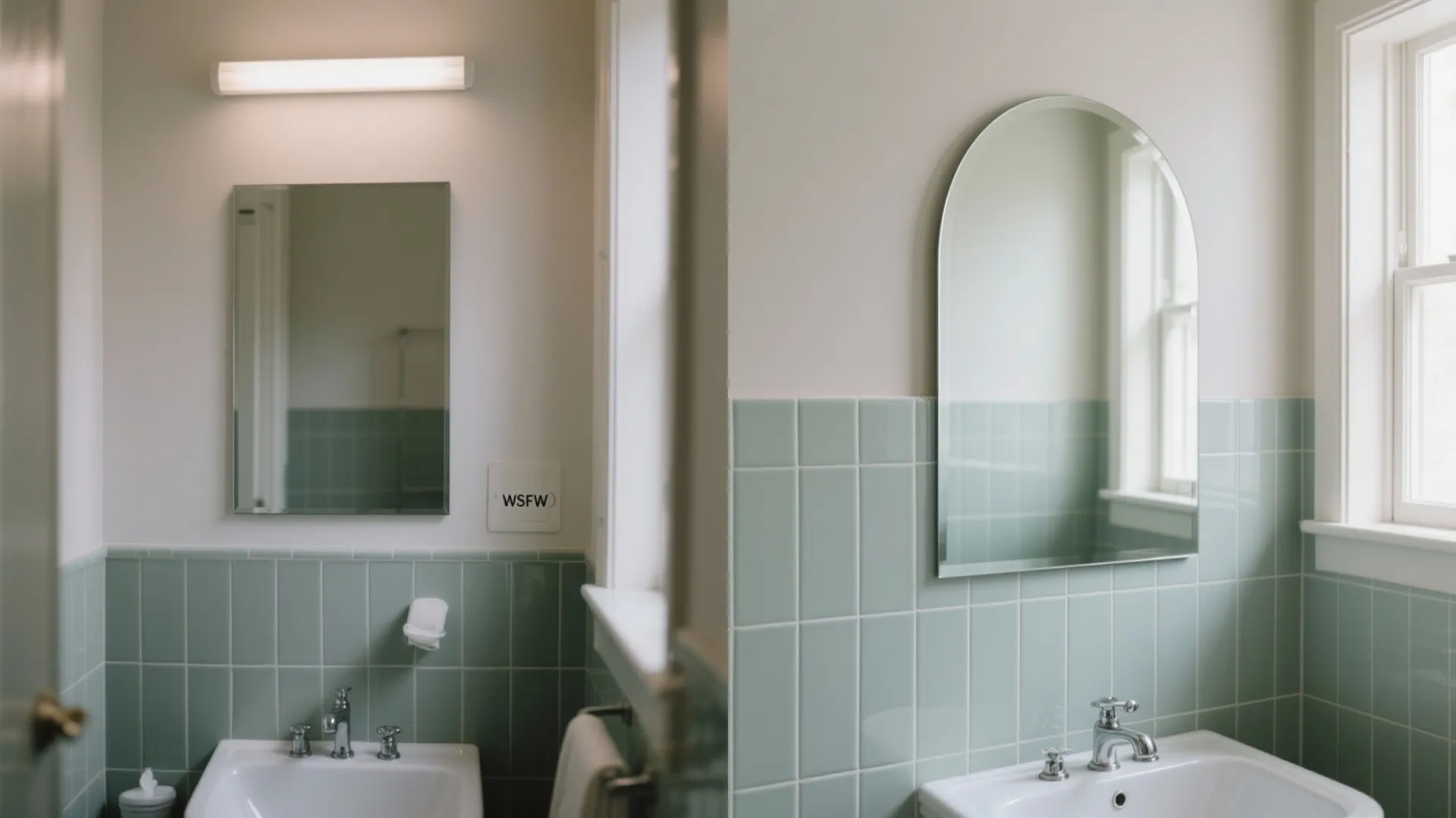 Before and after comparison of a bathroom showing a square mirror versus an arched mirror