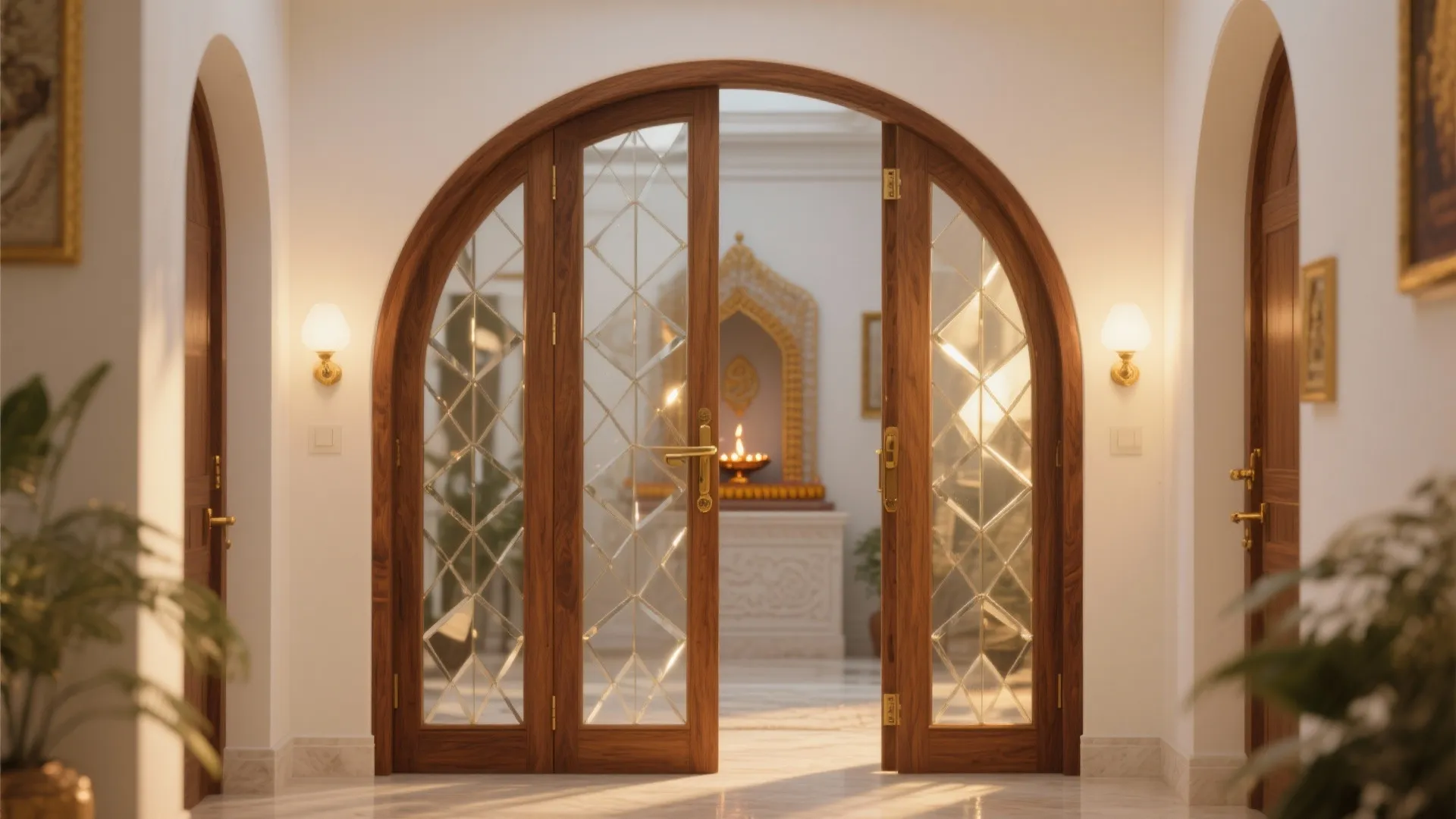 Arched wooden glass doors with diamond patterns leading to a bright hallway with white walls