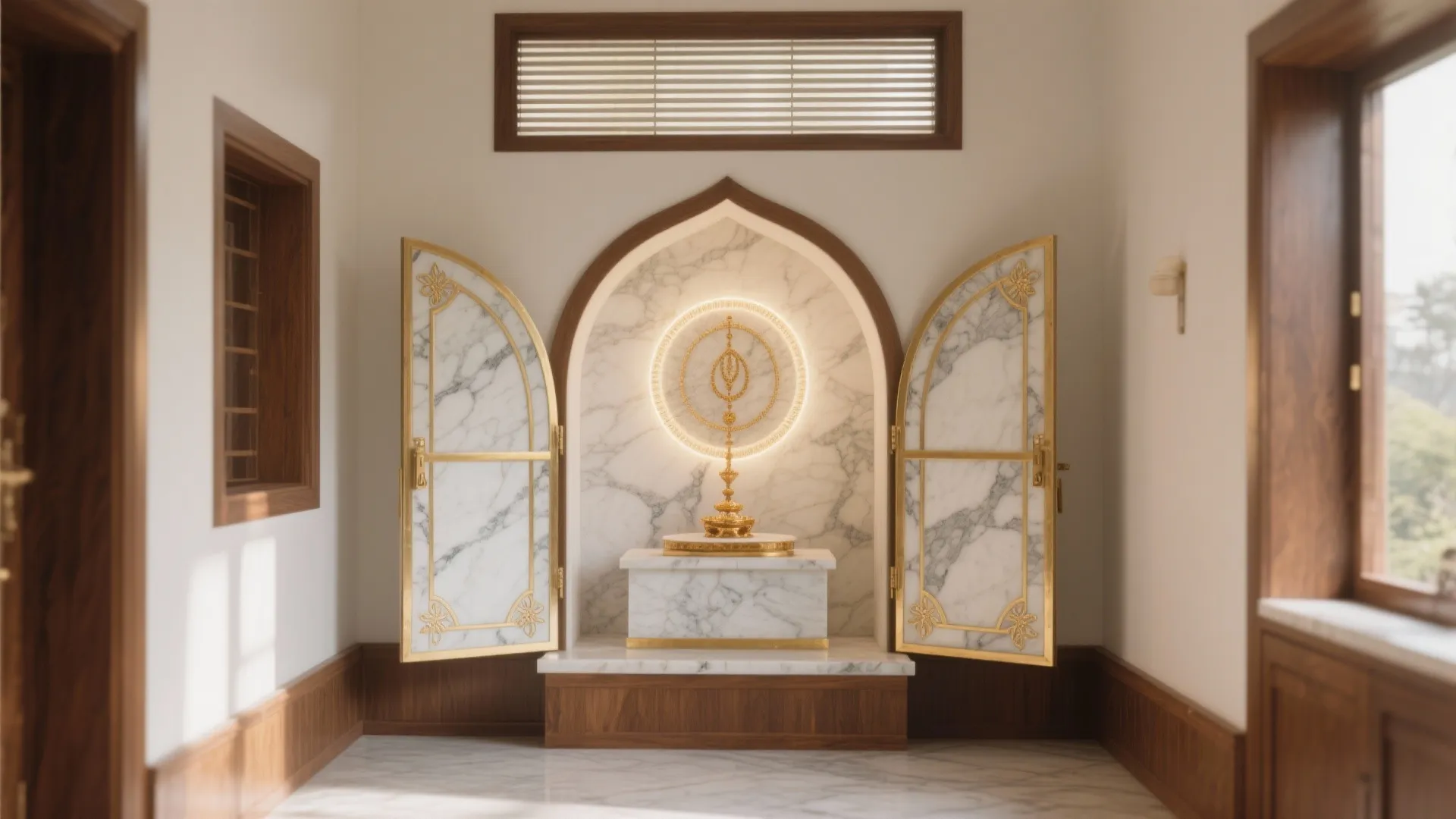 Arched Bi-Fold Temple Doors with Inlay