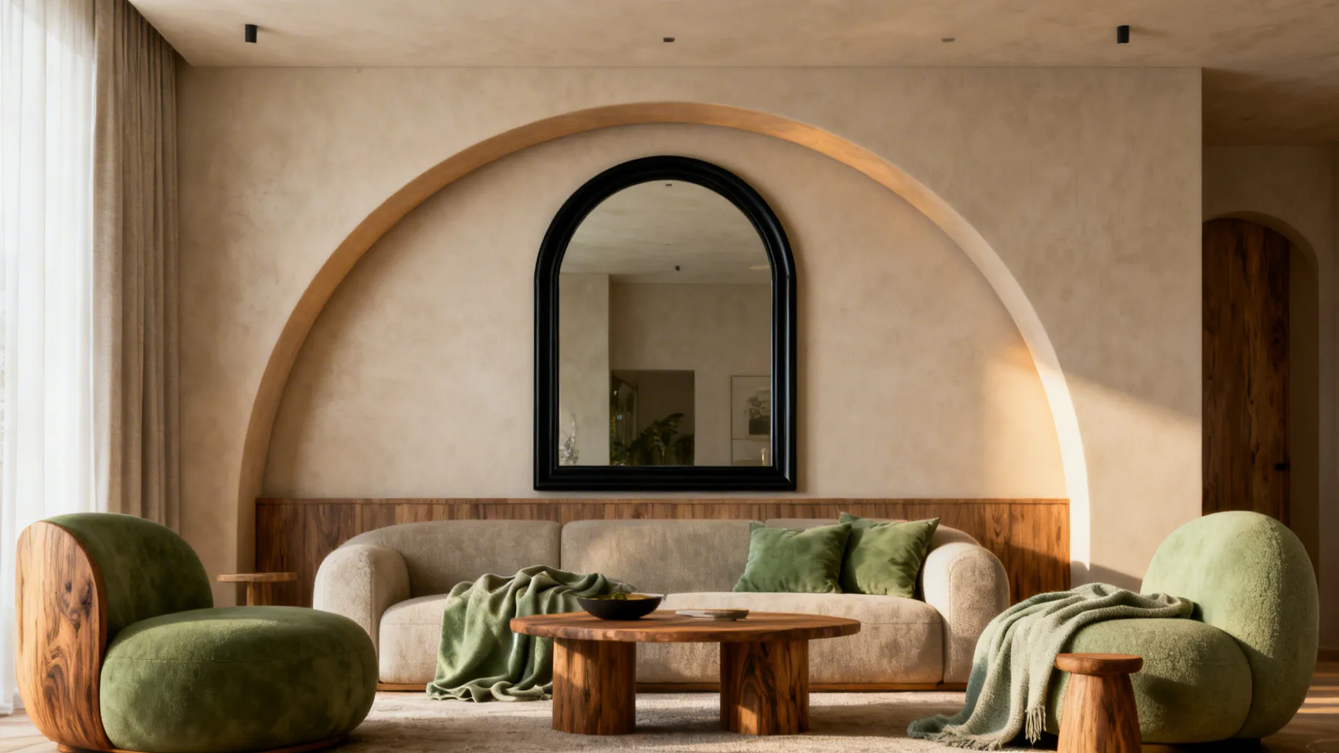 Arched black-framed mirror above a sofa with rounded furniture creating a balanced focal point