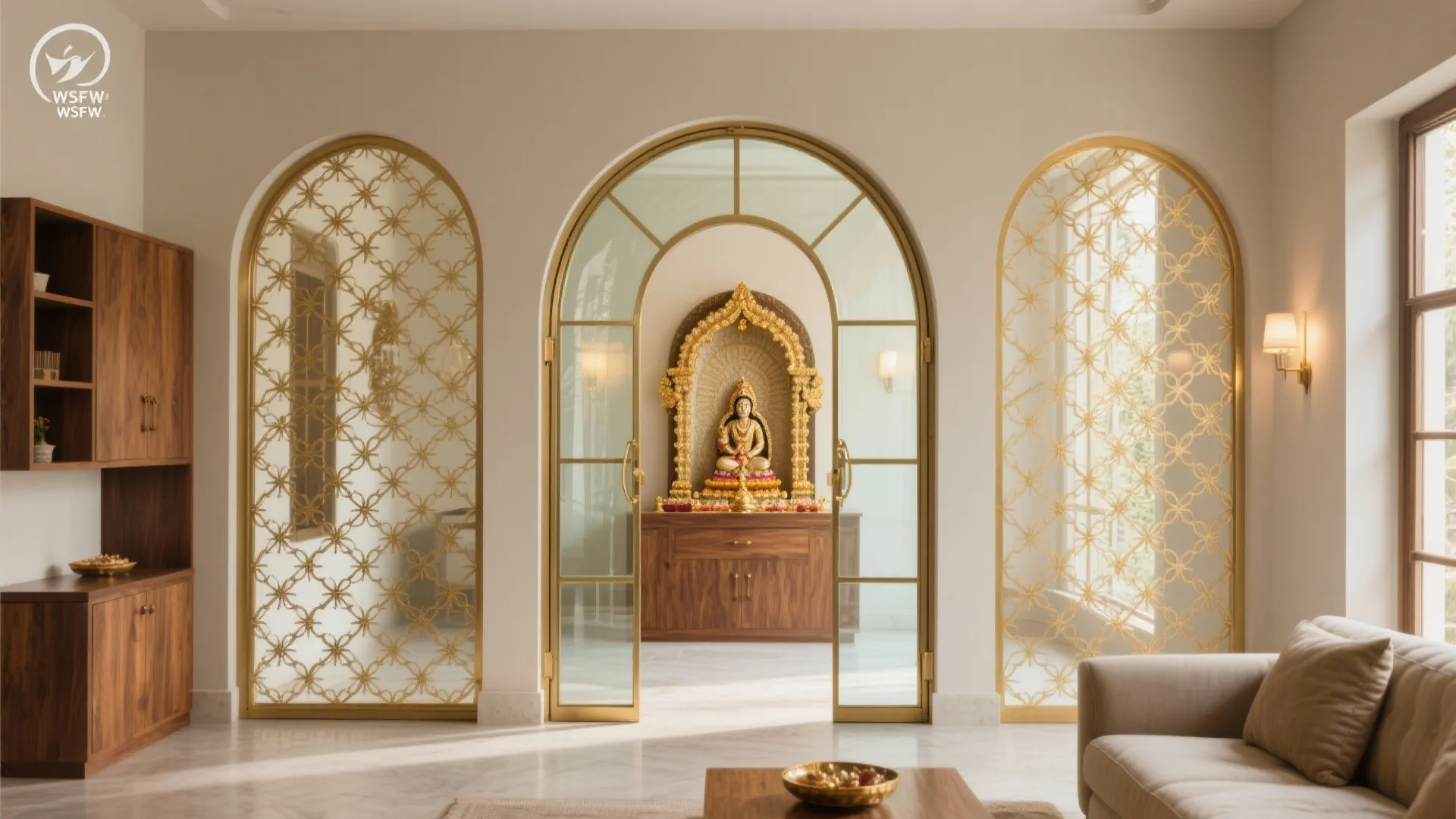 Arched Clear Glass with Brass Lattice Accents
