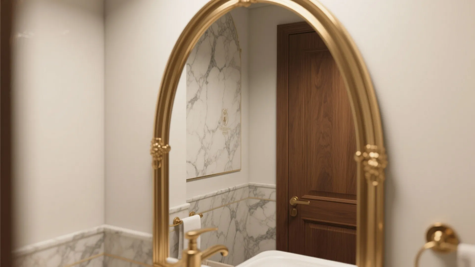Elegant gold arched mirror reflecting a wooden door and marble walls in a luxury bathroom