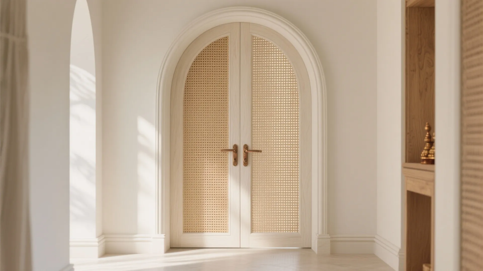 Arched double doors with woven mesh panels in a bright room with minimalist white wall