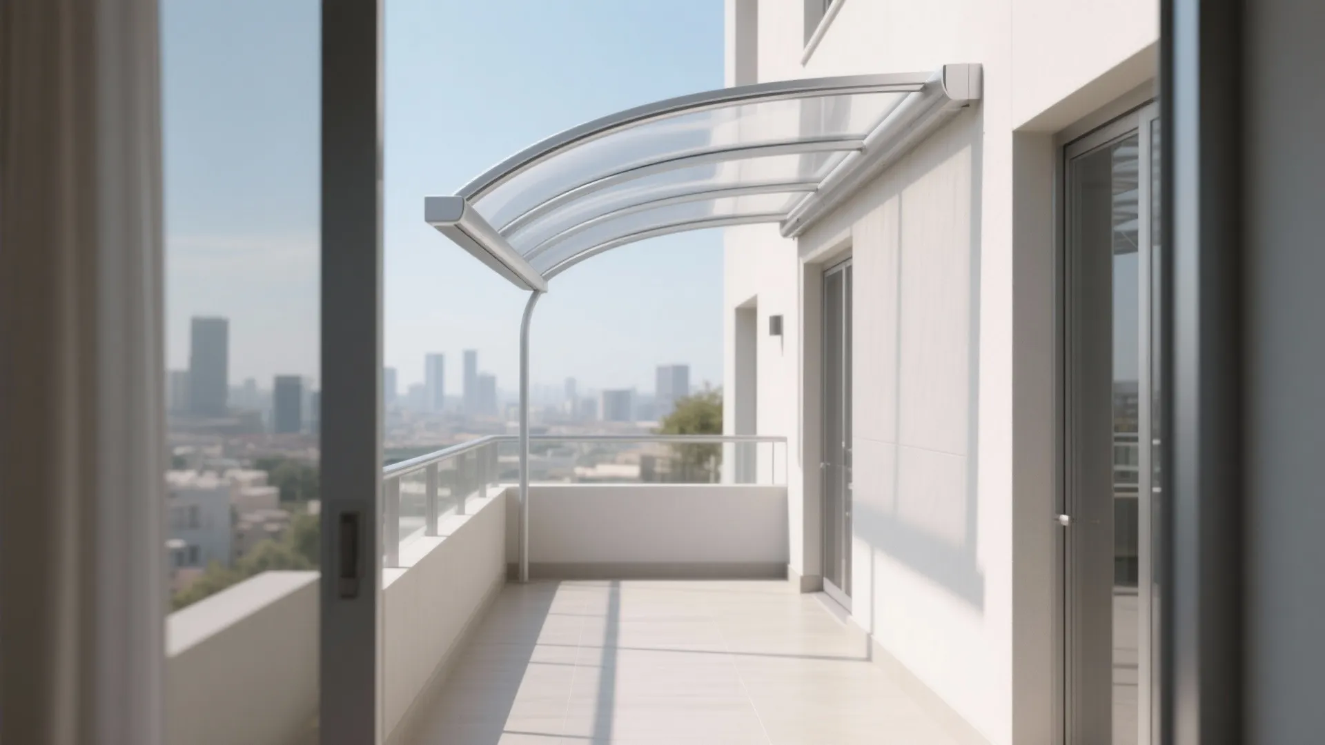 Modern balcony with curved glass roof and city view from an open white apartment door