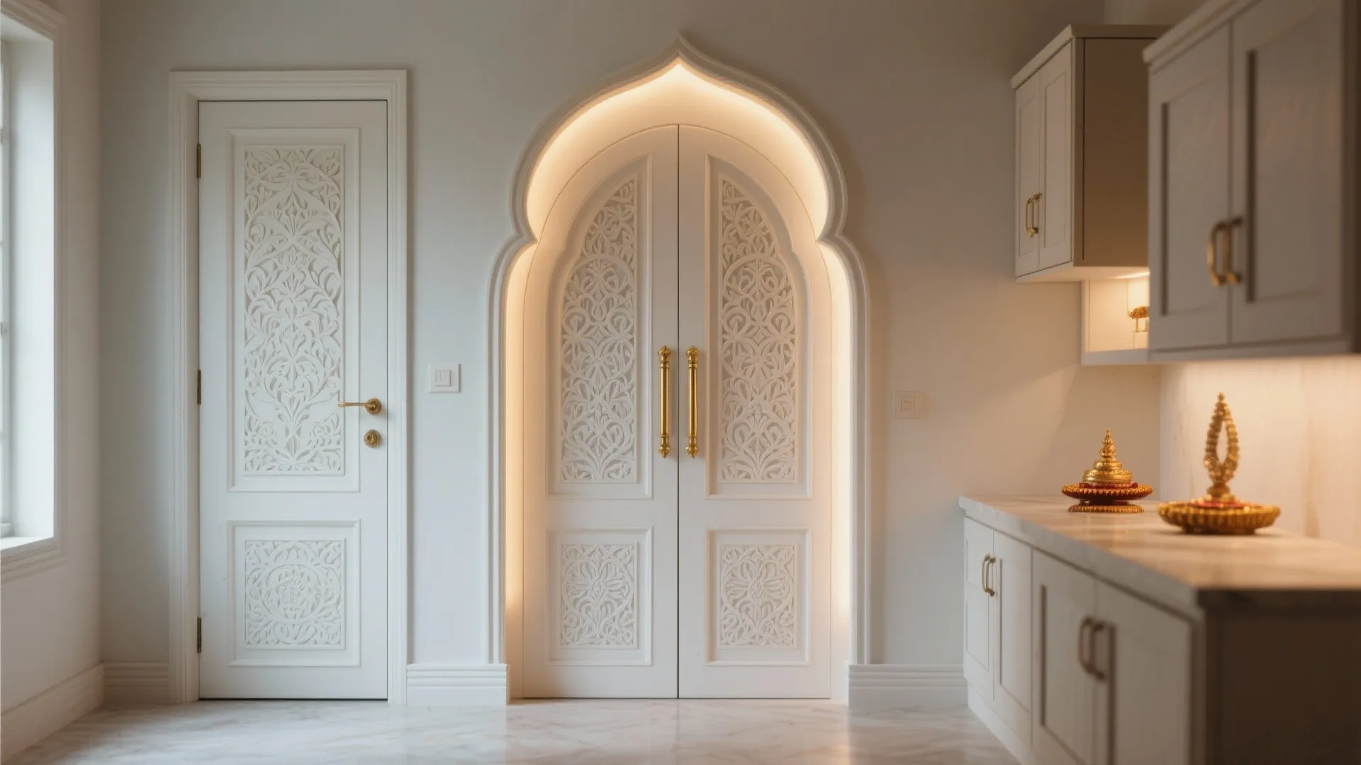 Arched doors with carved panels for a soft, sacred vibe