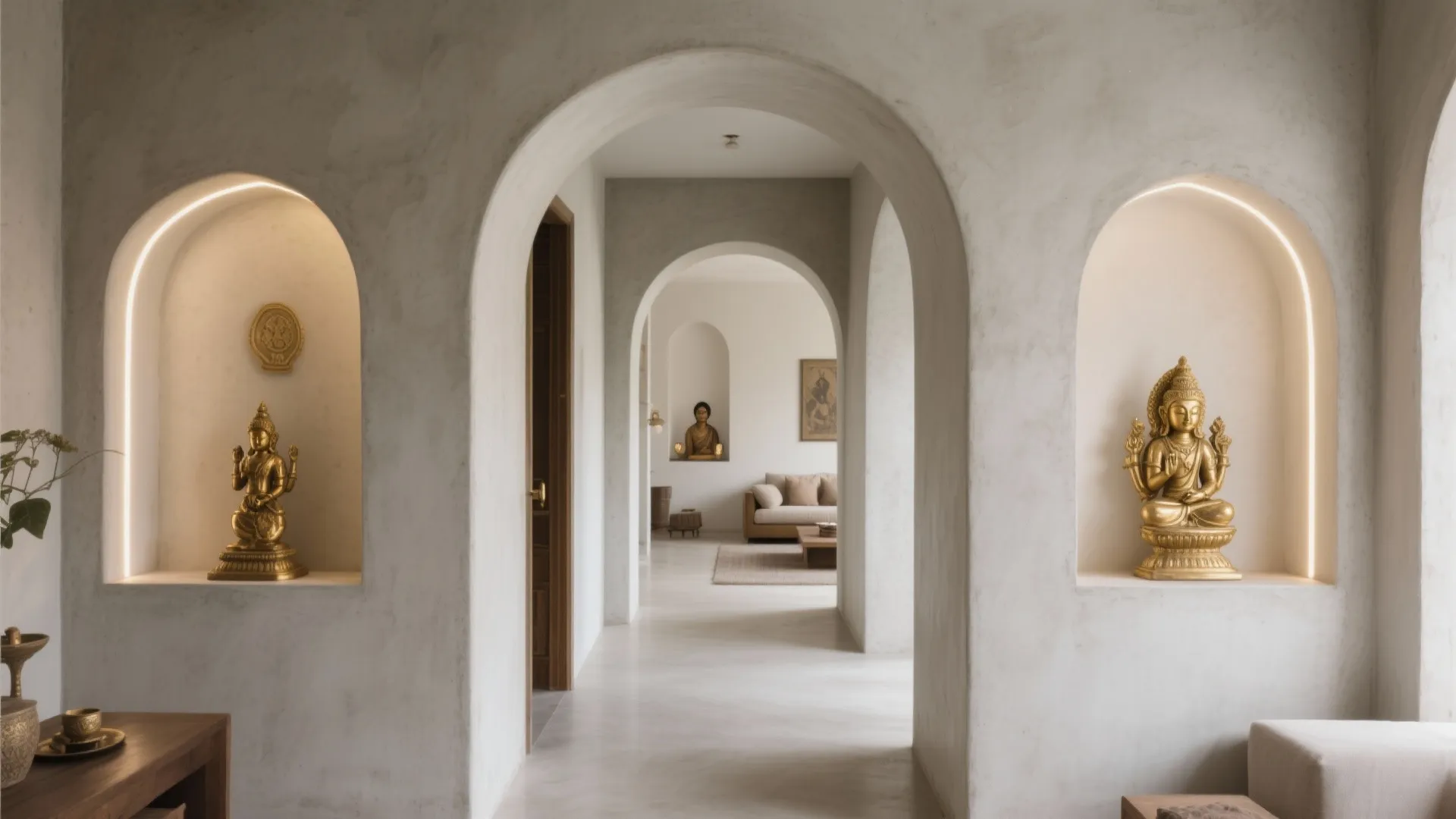 Interior hallway with arched wall openings golden statues soft neutral colors and a minimalist sofa