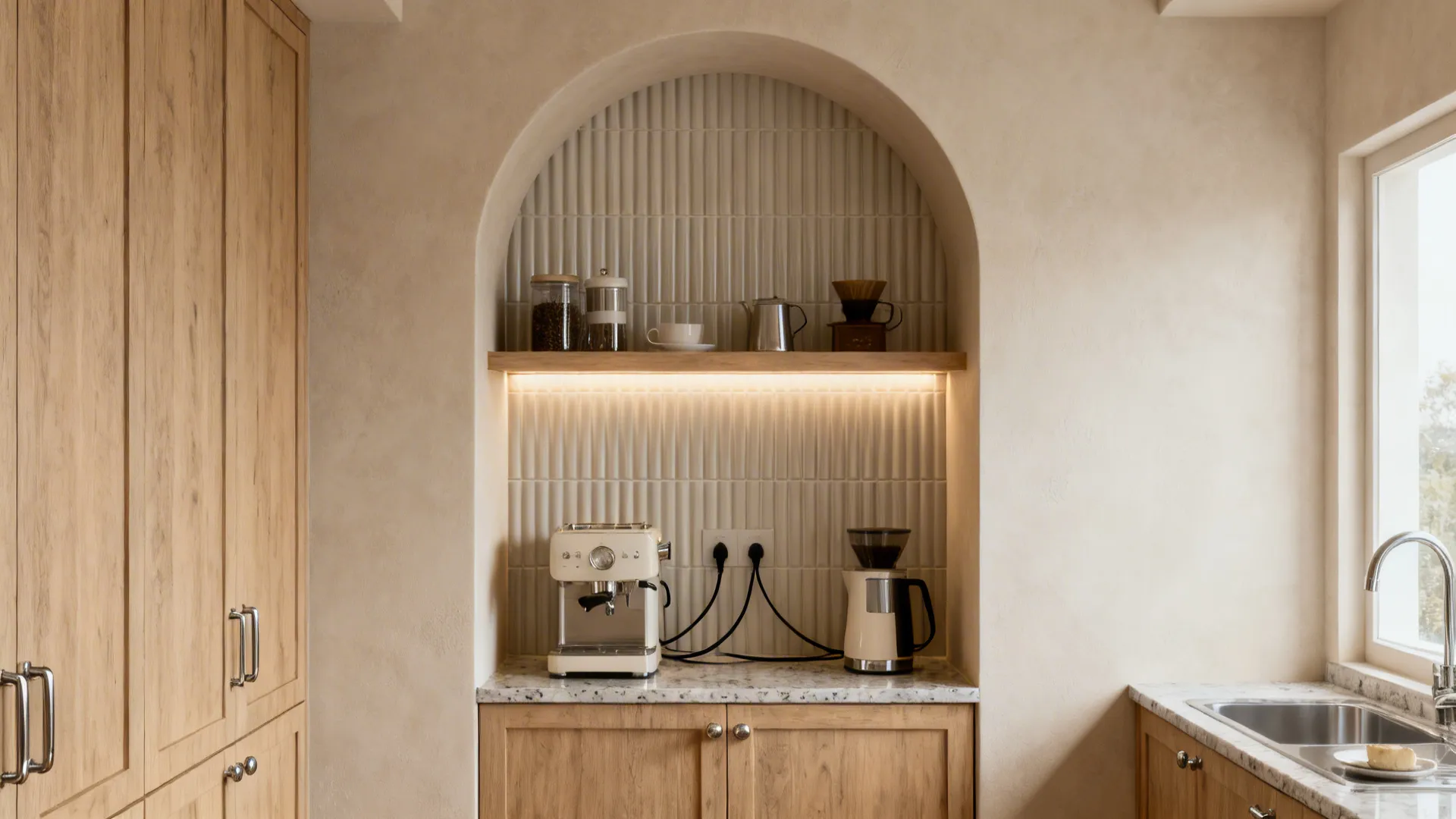 Arched kitchen niche with ribbed tile and LED lighting housing a coffee station with hidden cords.