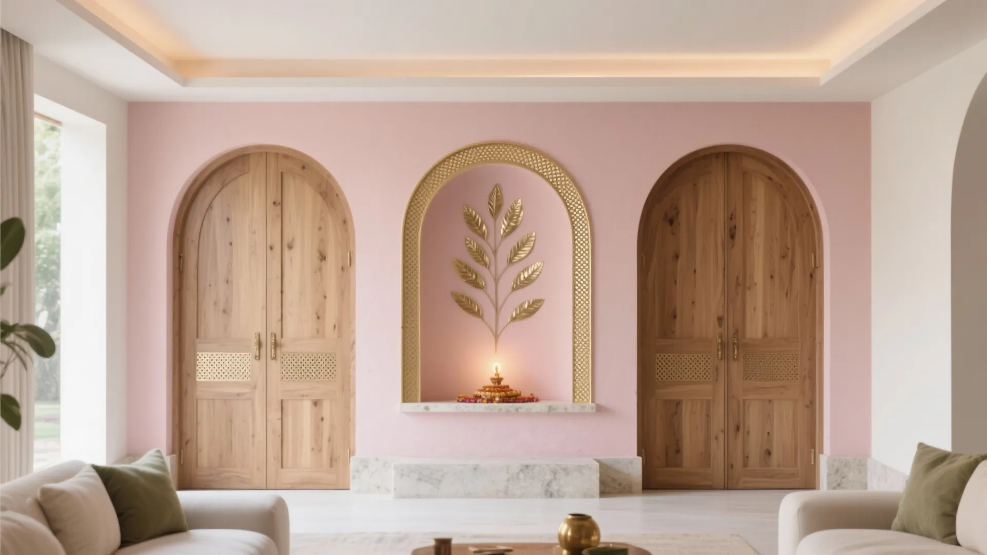 Two arched wood doors on a pink wall flanking a gold leaf decoration and sofa