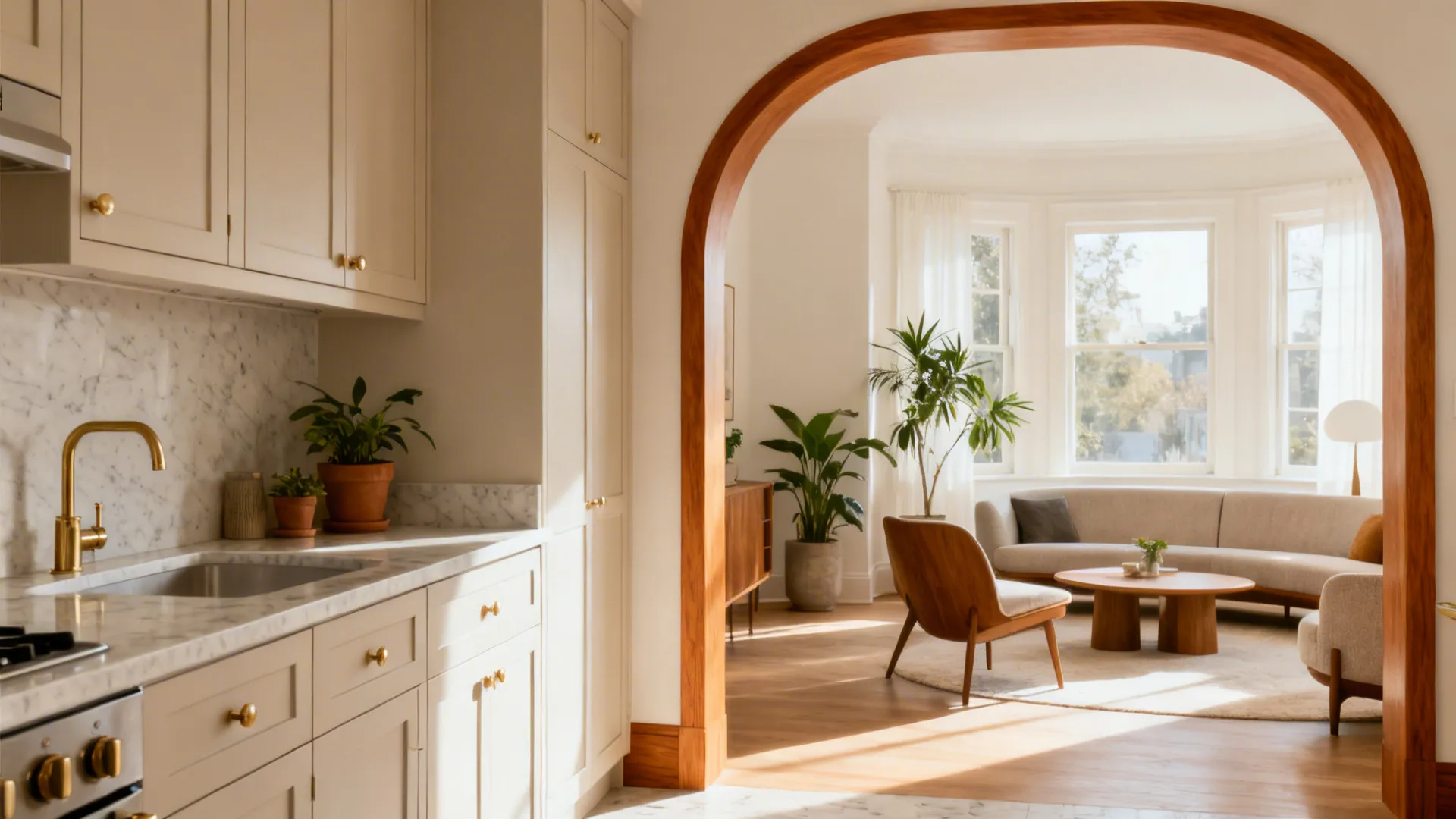 Small kitchen with an arched wall cut-out trimmed in oak opening to a living room