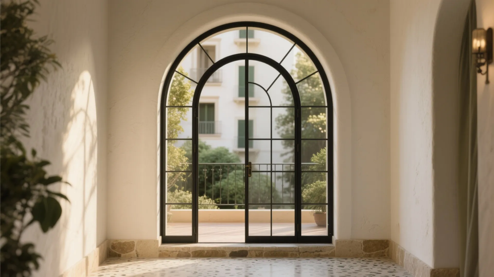 2) Arched iron balcony doorway