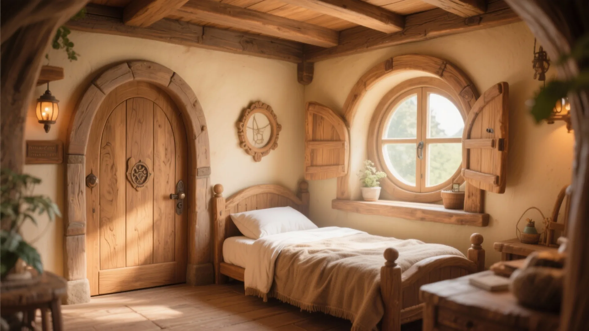 Bedroom with faux arched wooden doorway and round window in Hobbit style