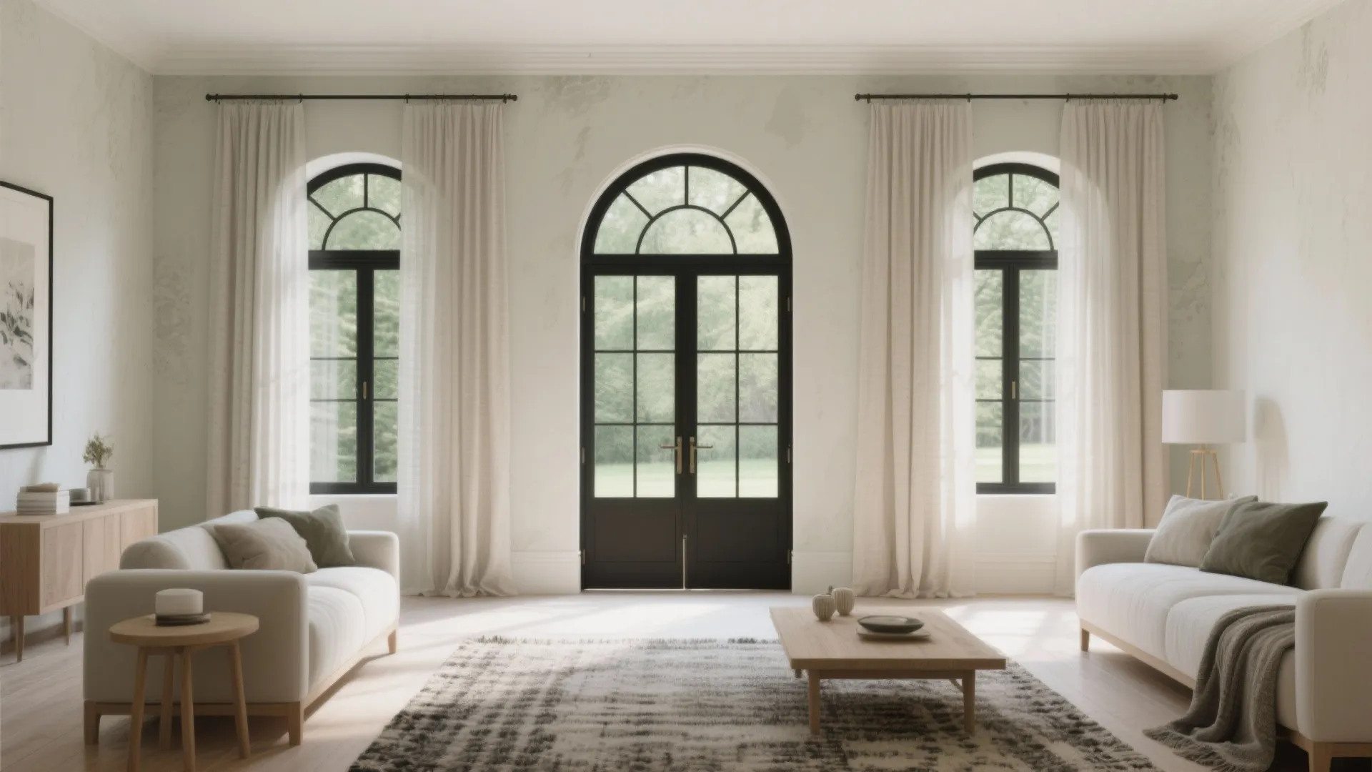 Modern living room with black arched glass doors white curtains two sofas and a table