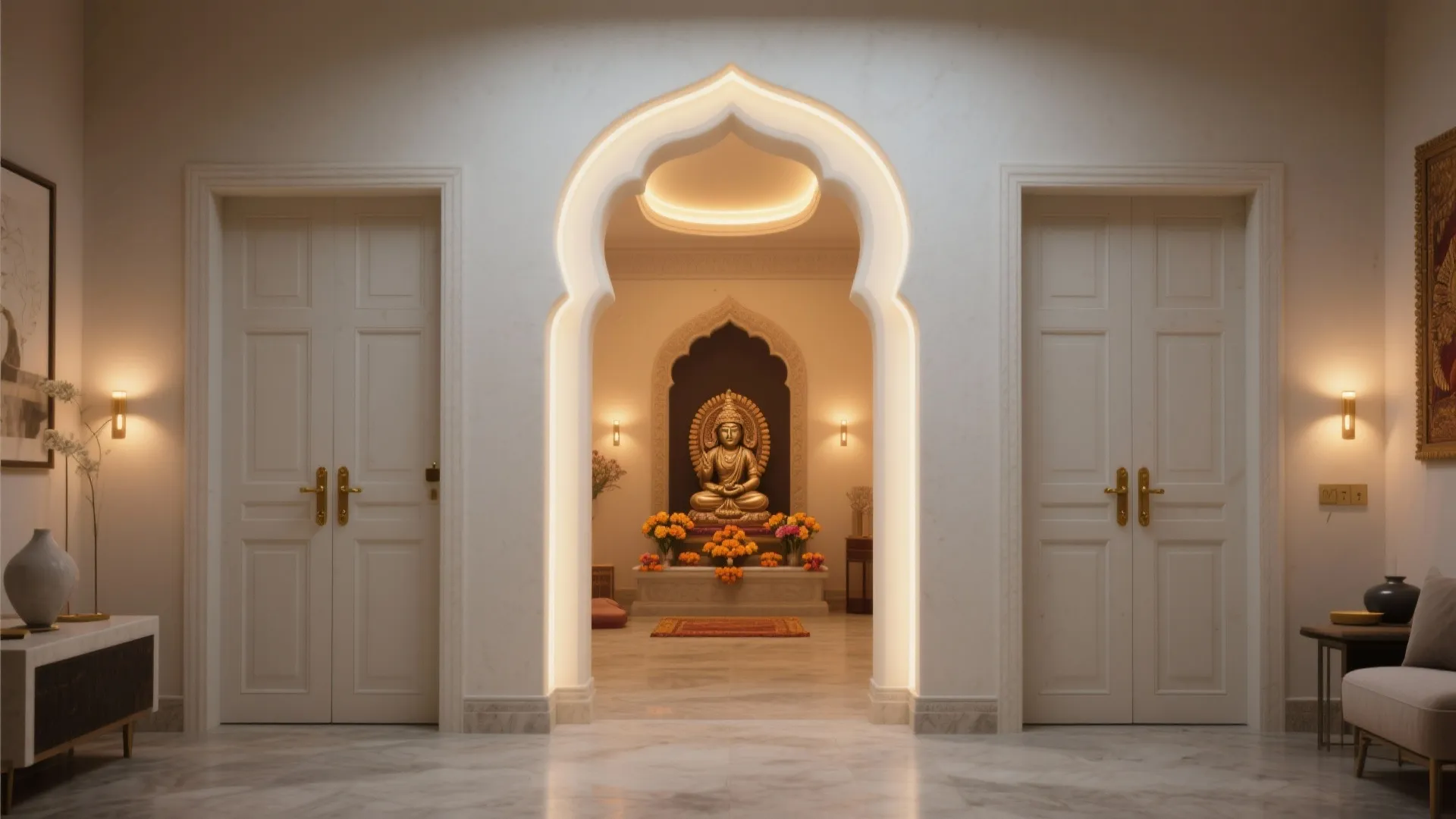 Arched Temple-Style Double Doors with Soft Lighting