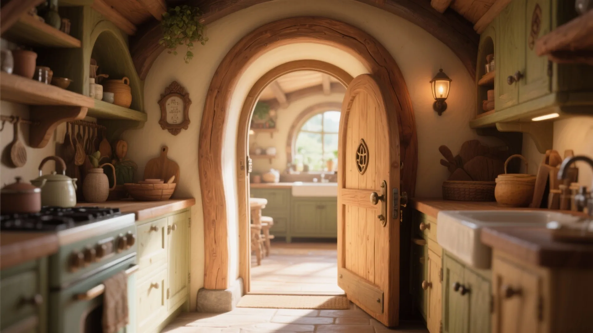 Cozy rustic kitchen with wooden arched doorway opening into a second room with green kitchen cabinets