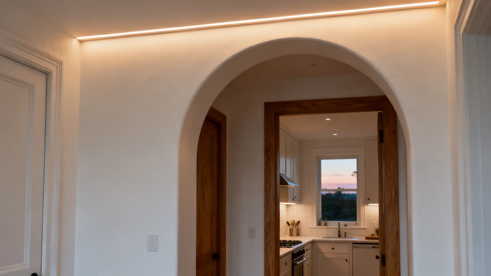 Gentle plaster arch at a kitchen entrance with integrated warm LED lighting.