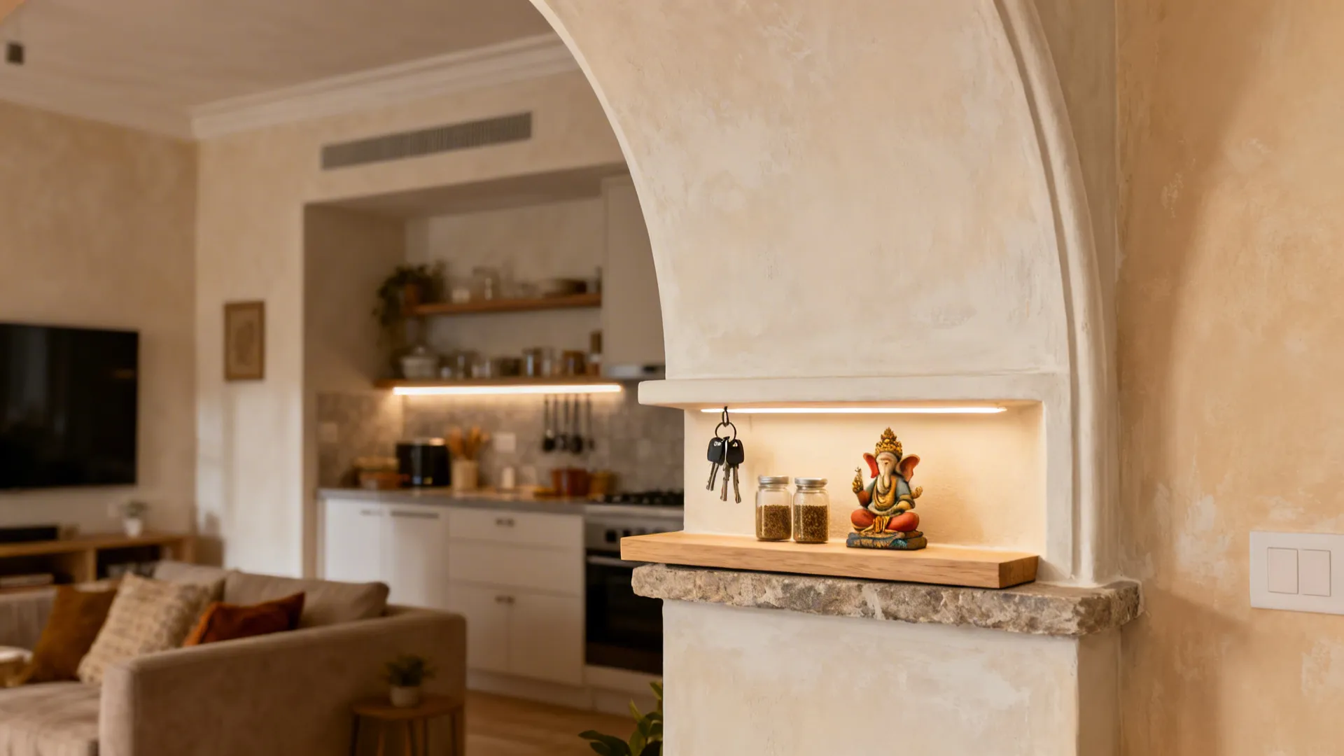 Shallow arched kitchen entry with a lit niche for keys, spices, and a small idol.