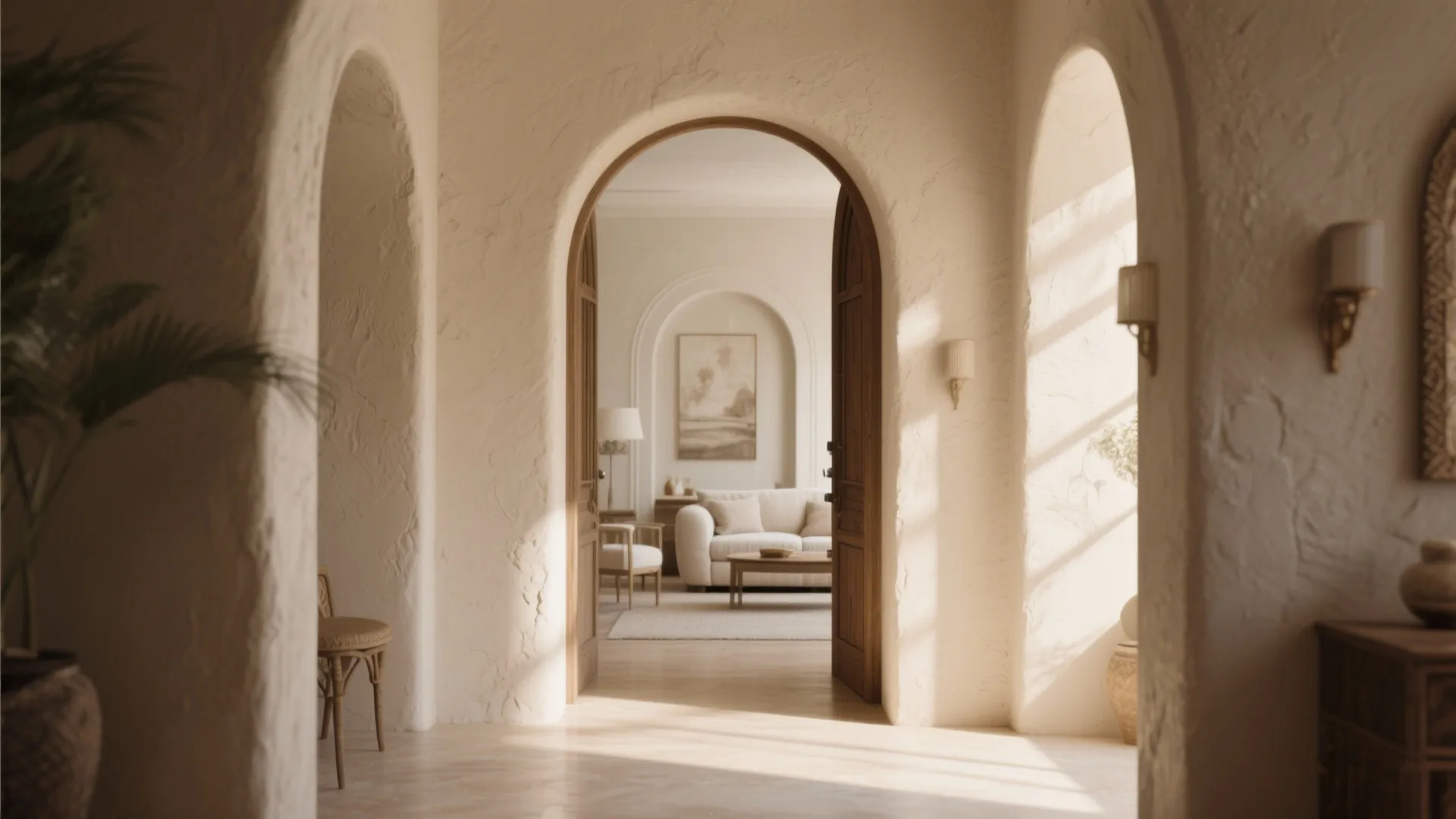 Warm interior with arched openings leading to a living room with sofa and wall light