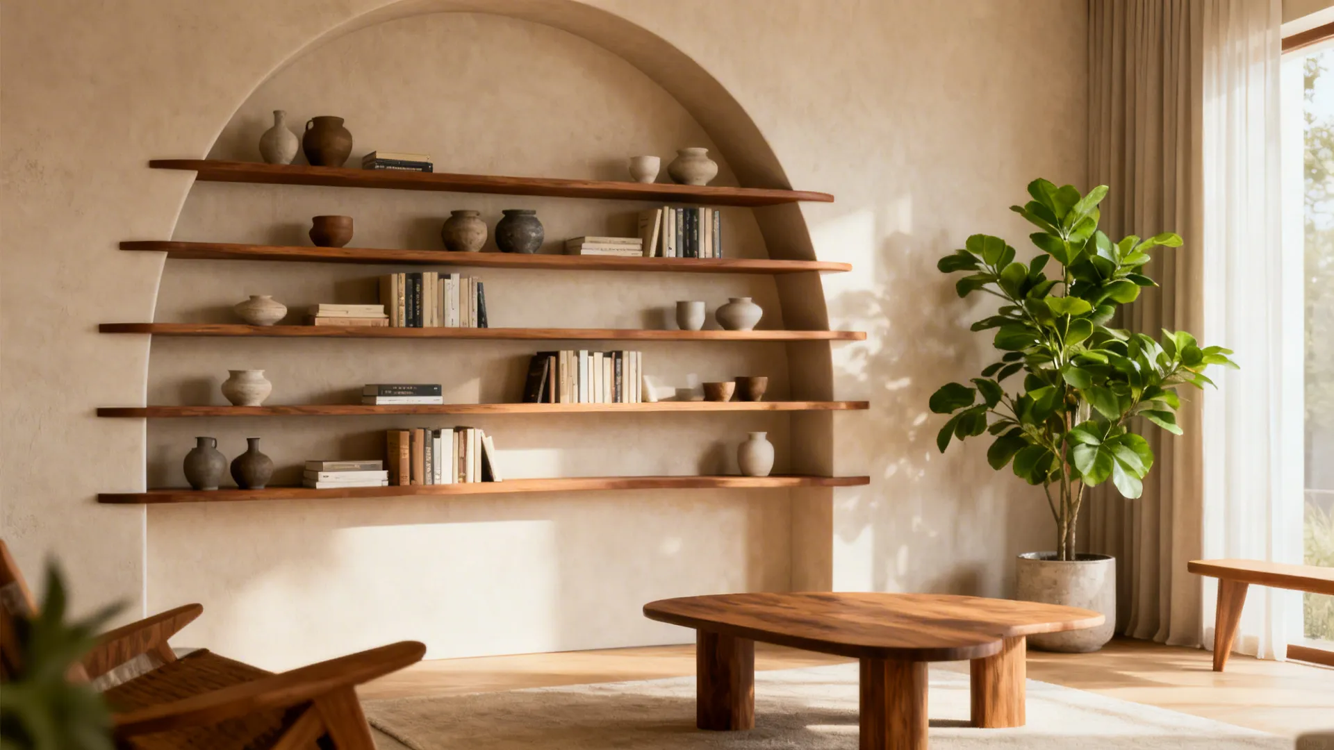Large arched wall with wooden floating shelves holding vases and books near a green potted plant