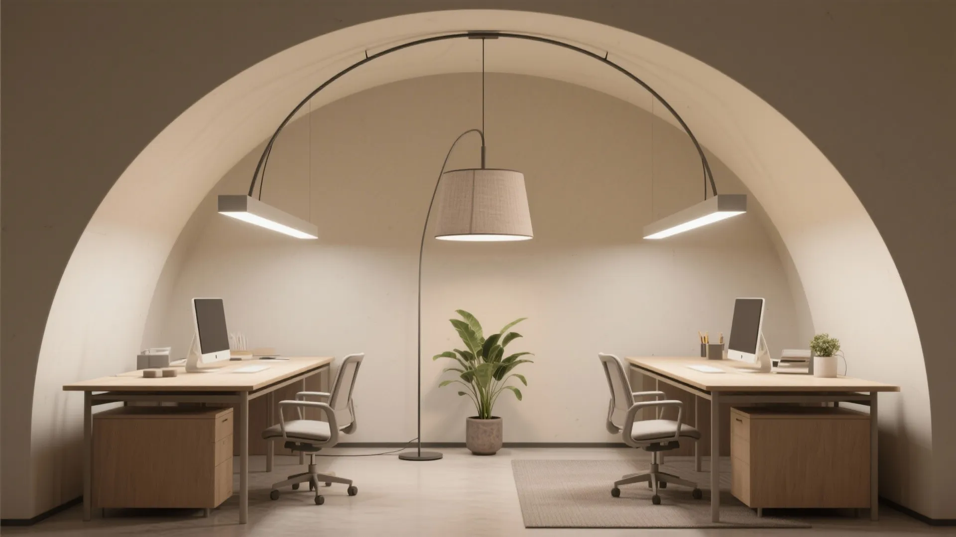 Symmetrical office workspace with two wooden desks and chairs under a large arched light fixture