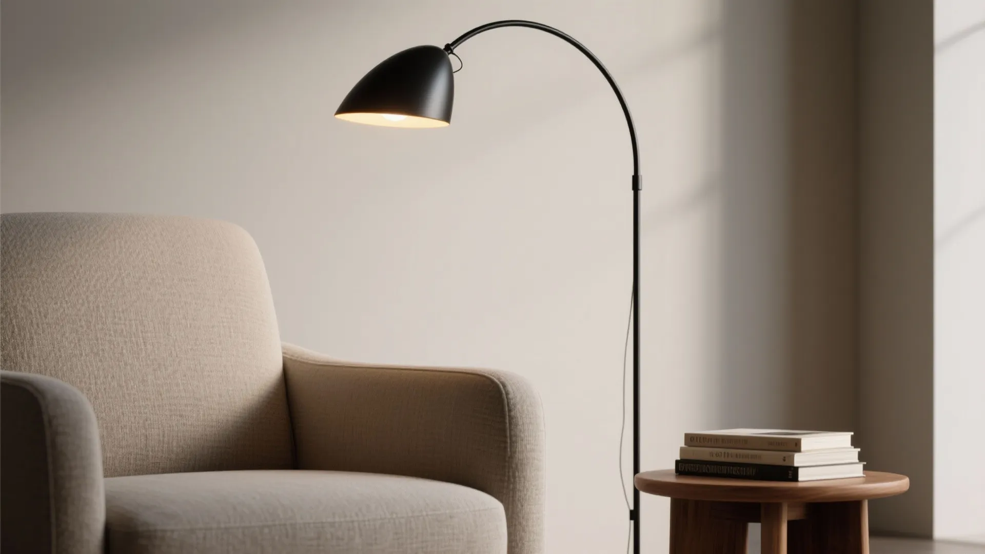 Black curved floor lamp arching over a beige armchair and a small wooden side table