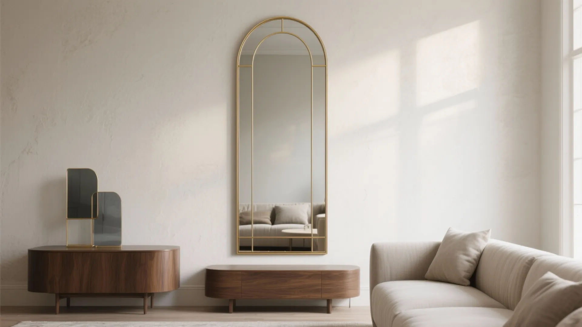 Arched gold wall mirror hanging above wooden cabinet in bright living room with white sofa